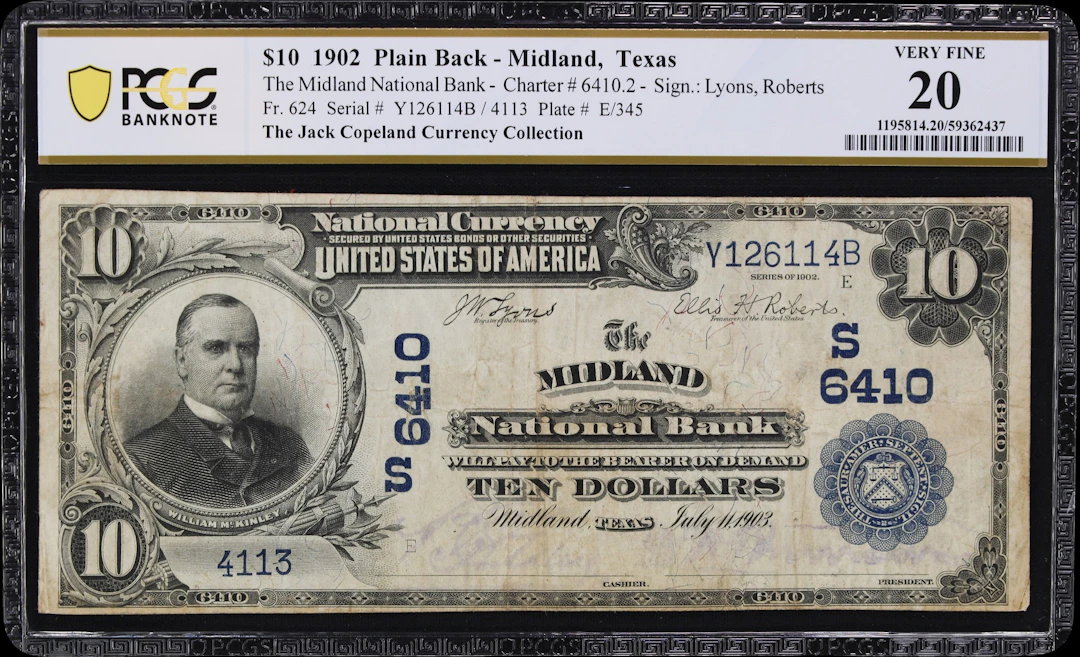 Midland, Texas. $10 1902 Plain Back. Fr. 624. Midland NB. Charter