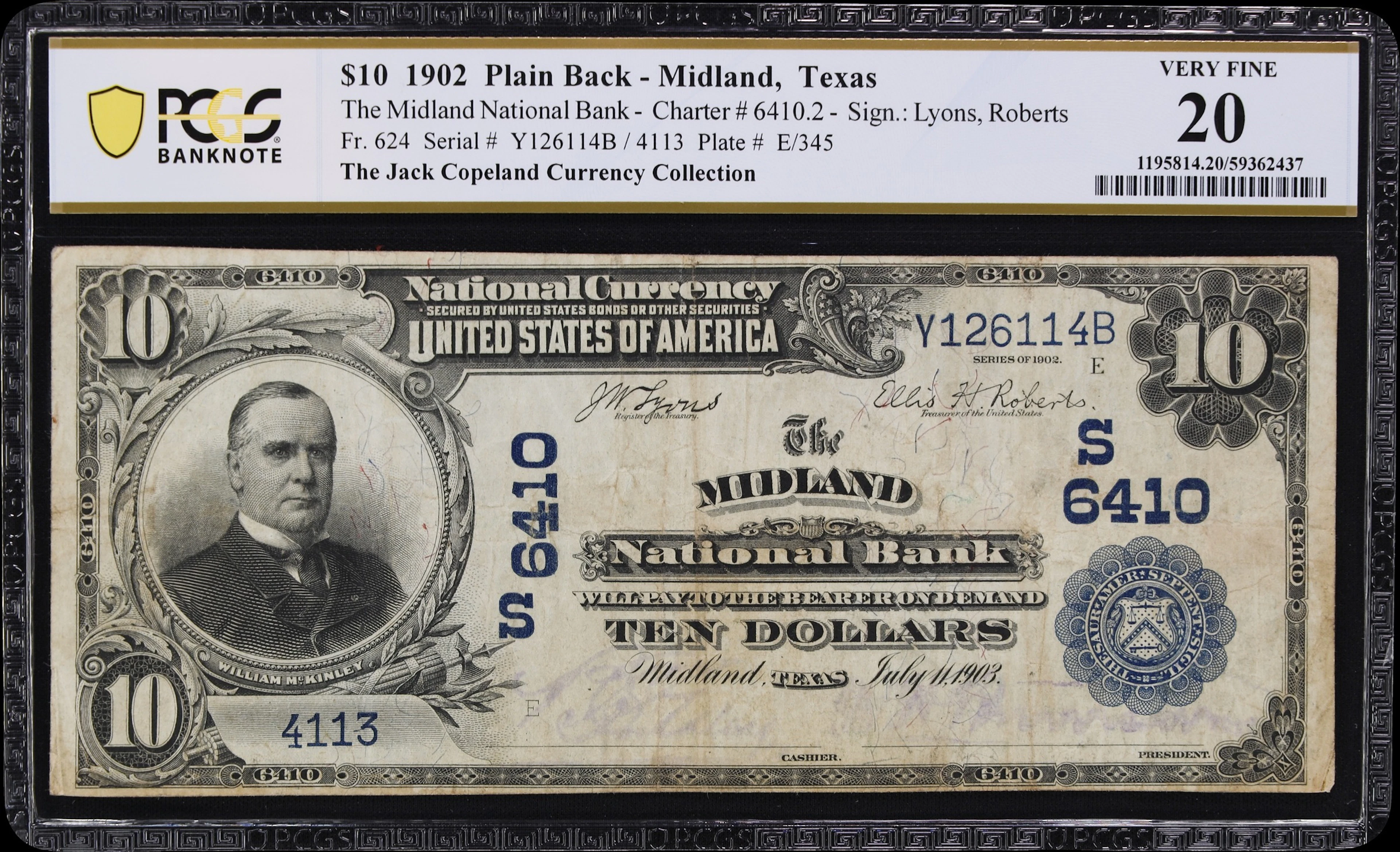 Midland, Texas. $10 1902 Plain Back. Fr. 624. Midland NB. Charter