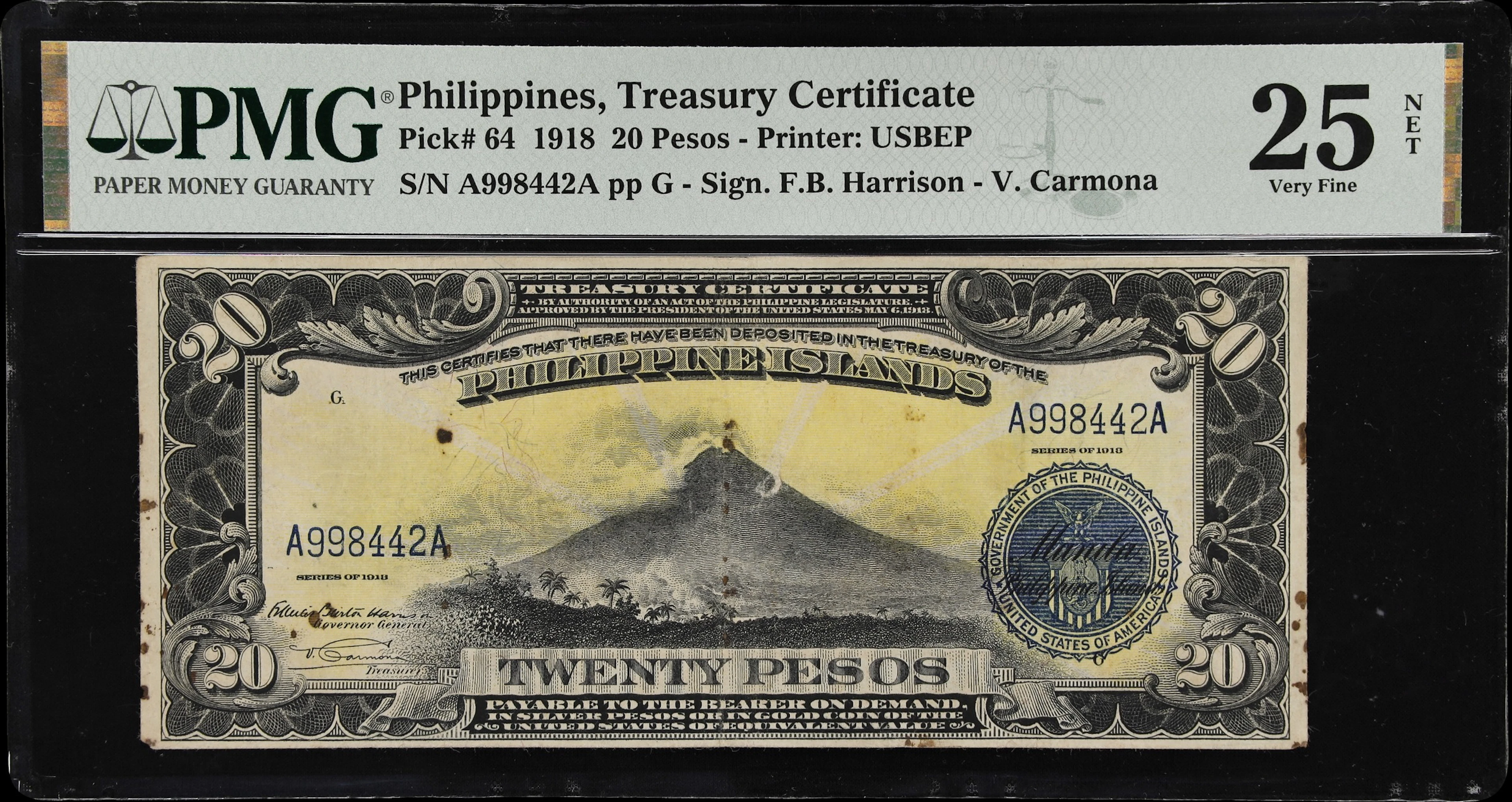 PHILIPPINES. Treasury of the Philippines. 20 Pesos, 1918. P-64. PMG