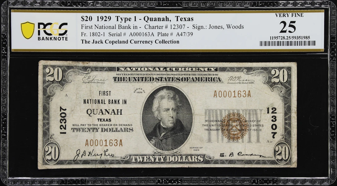 Quanah, Texas. $20 1929 Ty. 1. Fr. 1802-1. First NB. Charter #12307.