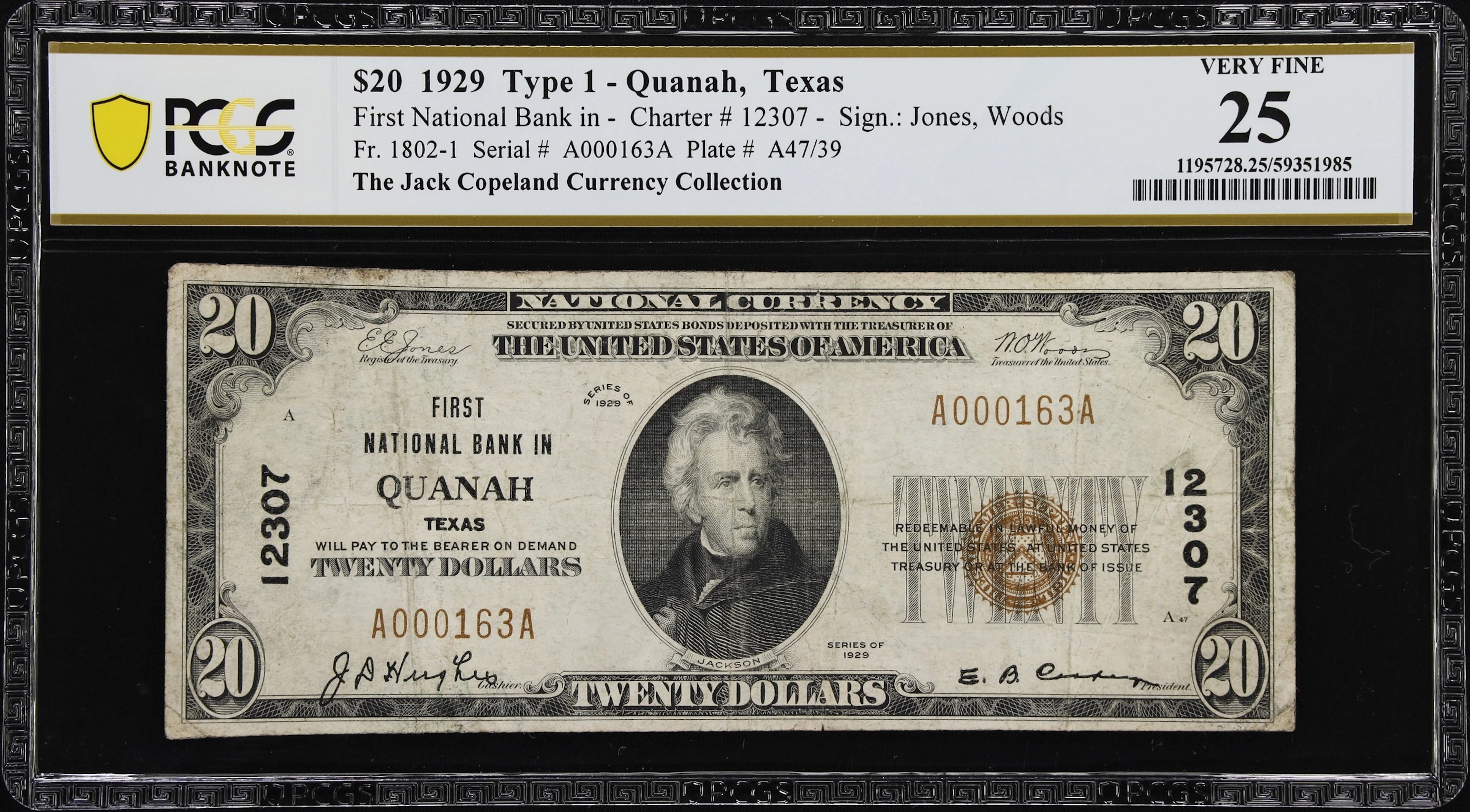 Quanah, Texas. $20 1929 Ty. 1. Fr. 1802-1. First NB. Charter #12307.