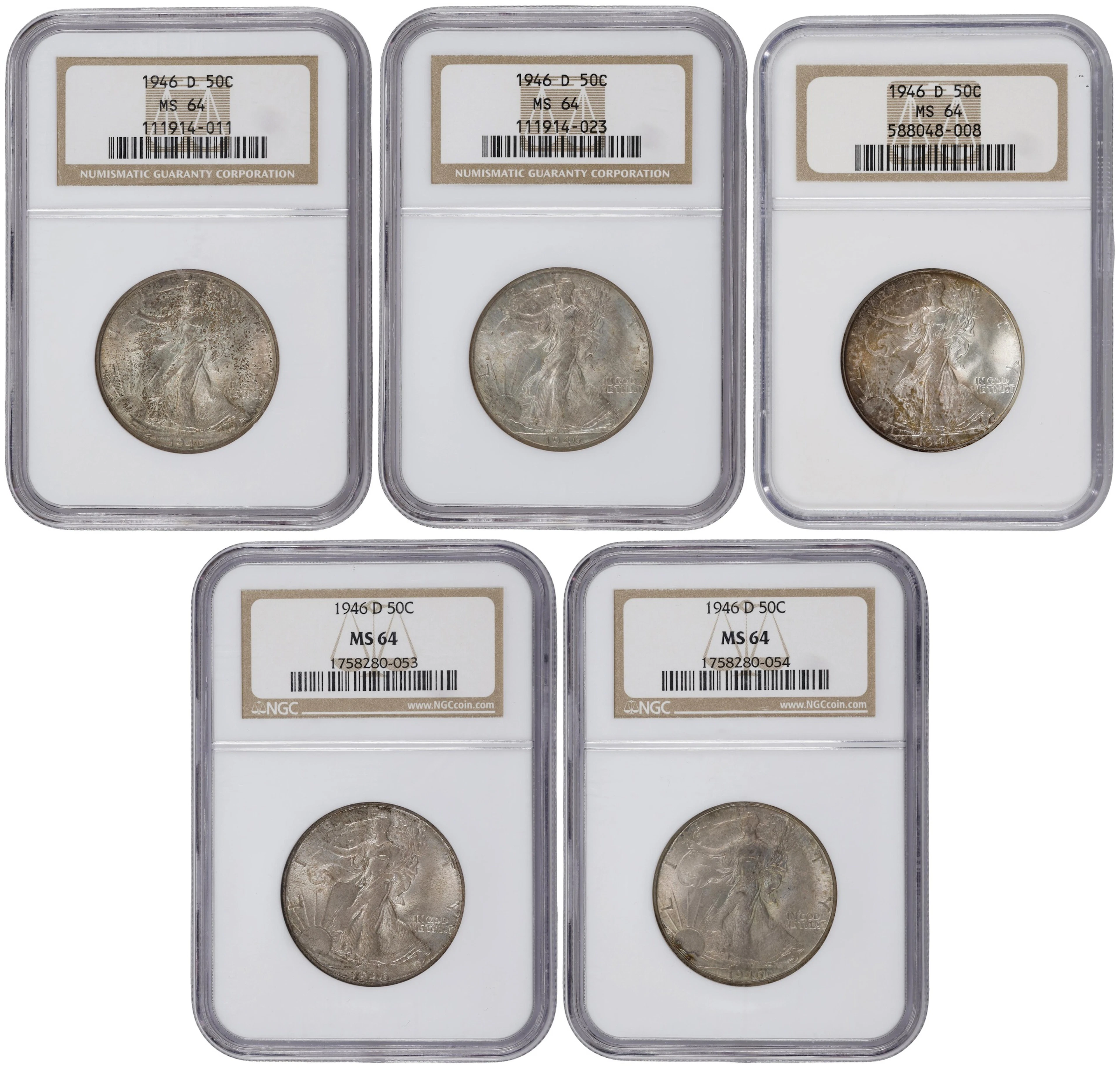 Lot of (5) 1946-D Walking Liberty Half Dollars. MS-64 (NGC).