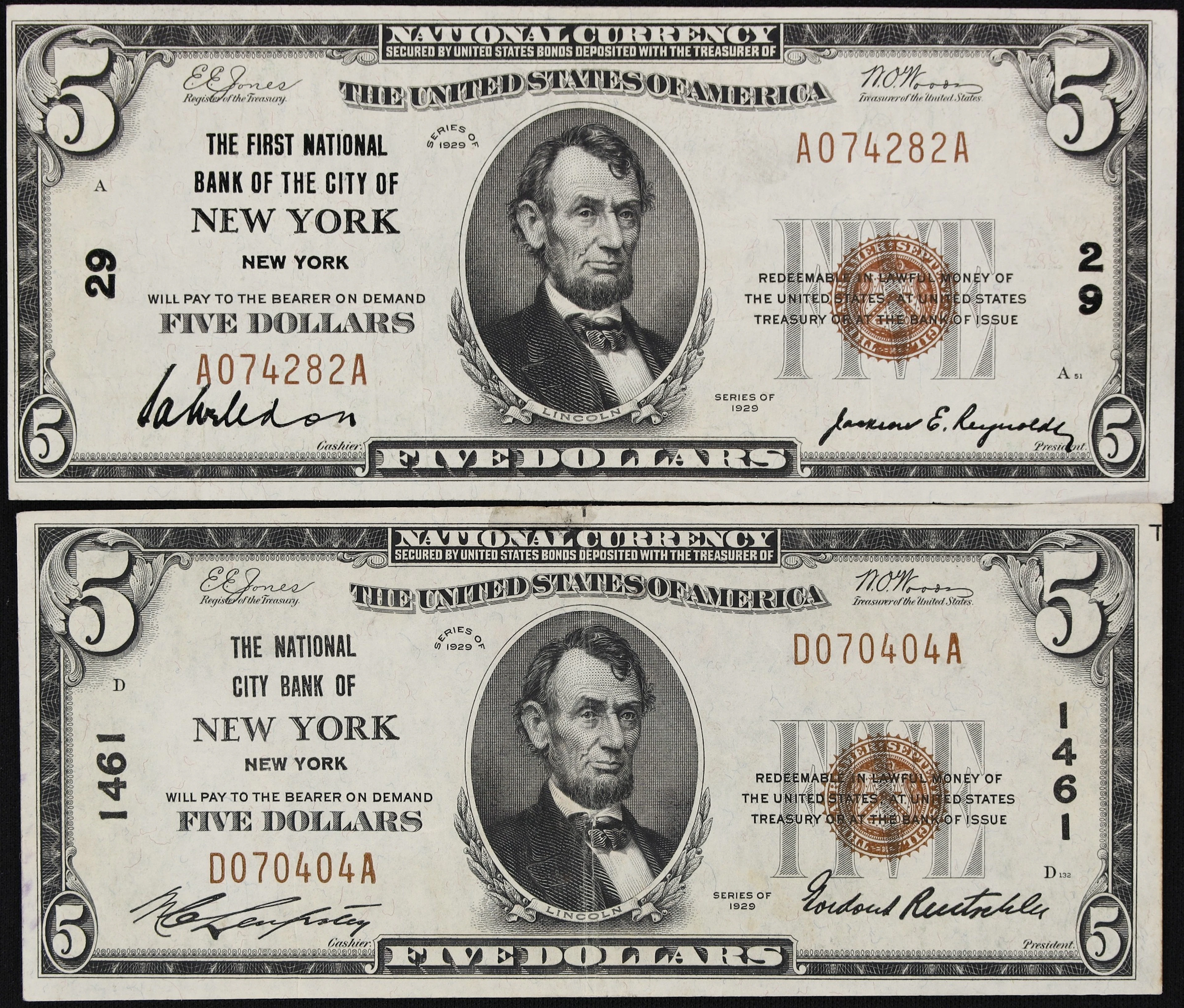 Lot of (2) New York, New York. 1929 Ty. 1 $5 Fr. 1800-1. First NB