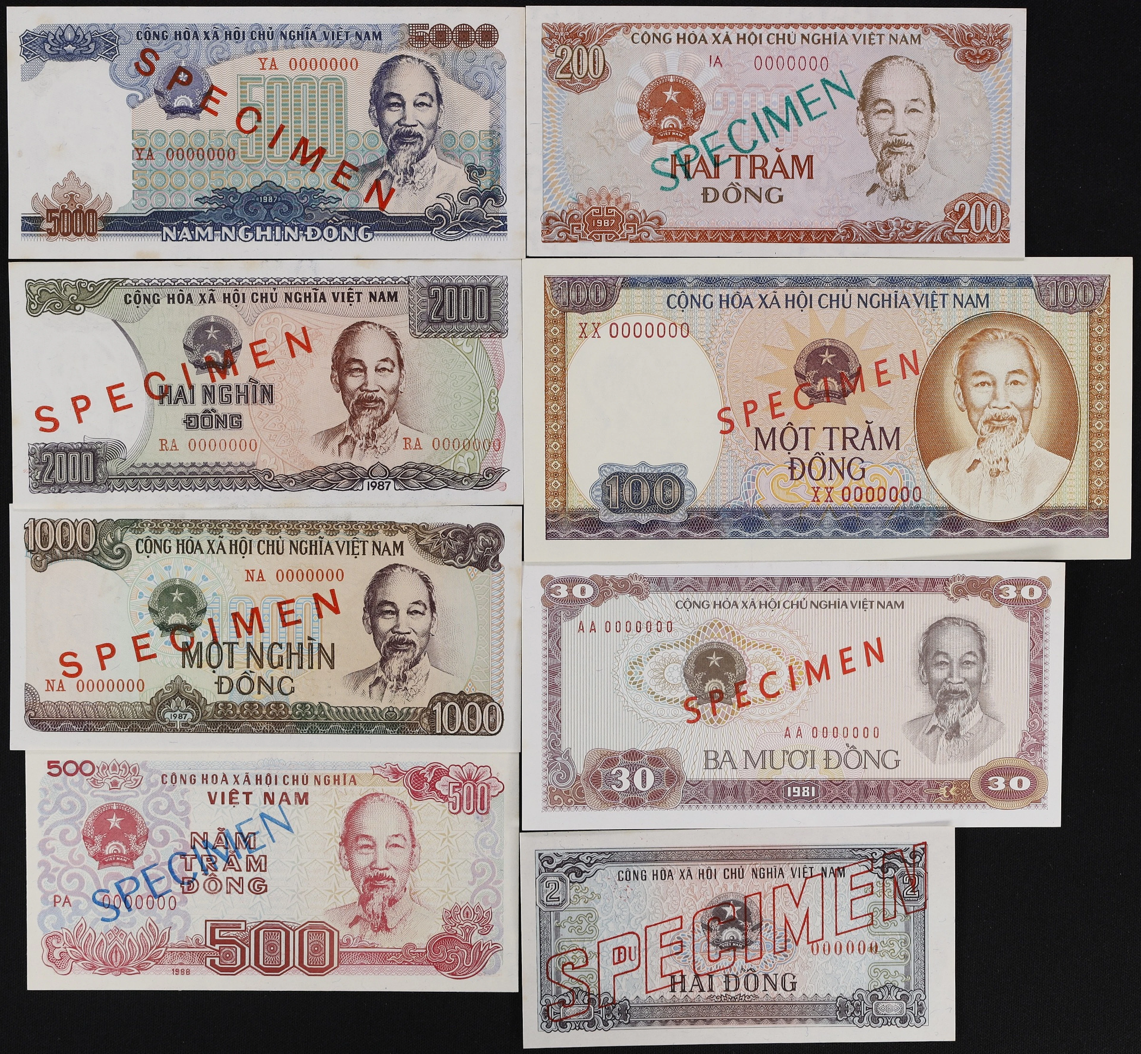 VIETNAM. Lot of (8). State Bank of Vietnam. 2, 30, 100, 200, 500