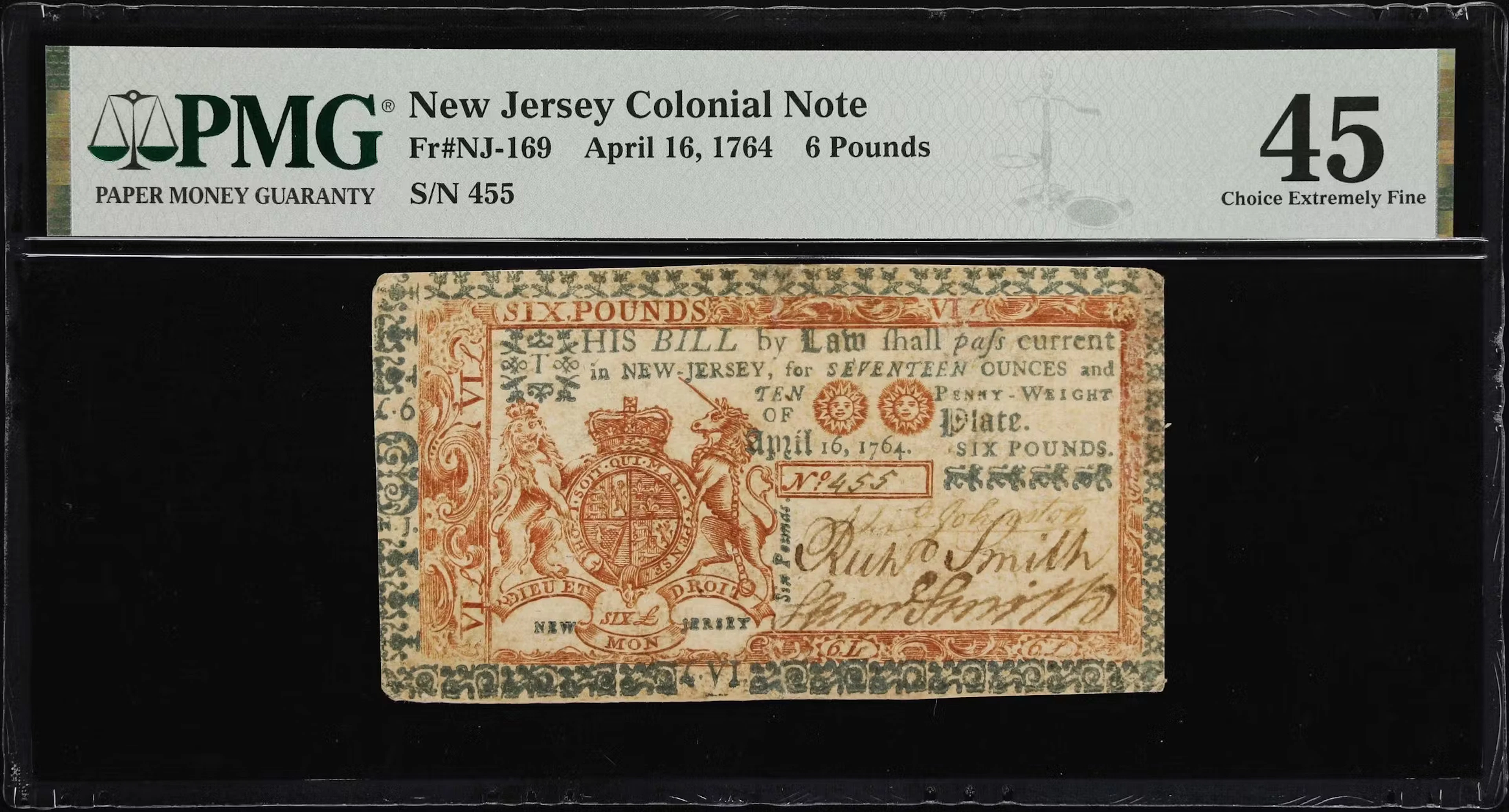 NJ-169. New Jersey. April 16, 1764. 6 Pounds. PMG Choice Extremely Fine 45.