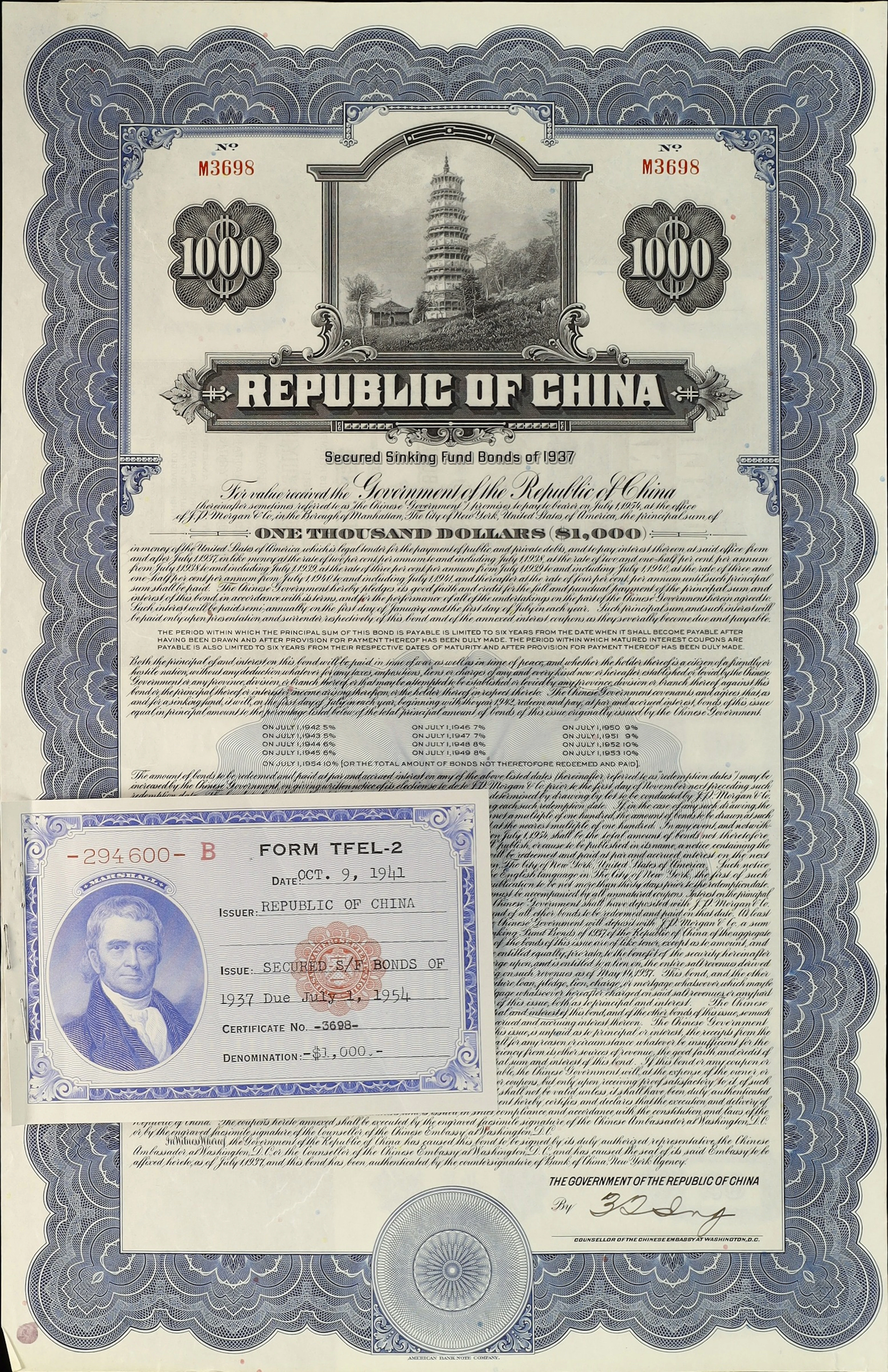 CHINA--REPUBLIC. 1937 2-4% Chinese Government Secured Sinking Fund