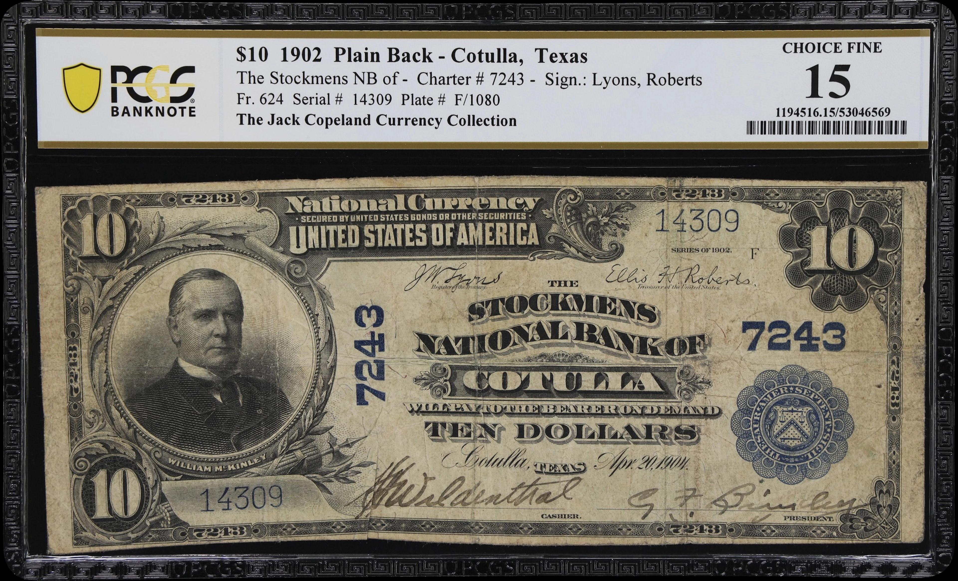 Cotulla, Texas. $10 1902 Plain Back. Fr. 624. Stockmens NB. Charter
