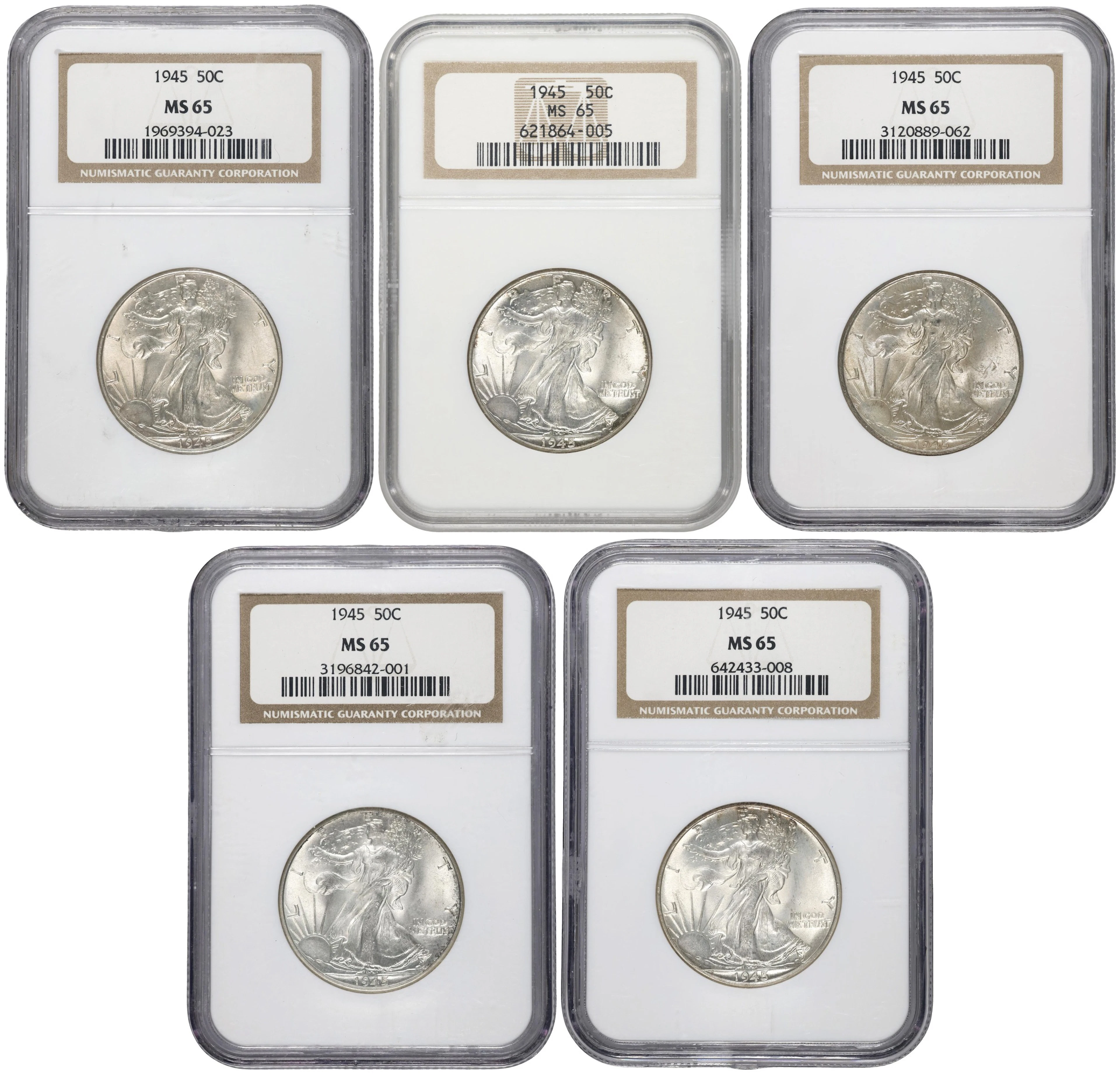 Lot of (5) 1945 Walking Liberty Half Dollars. MS-65 (NGC).