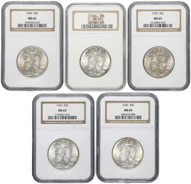 Lot of (5) 1945 Walking Liberty Half Dollars. MS-65 (NGC).