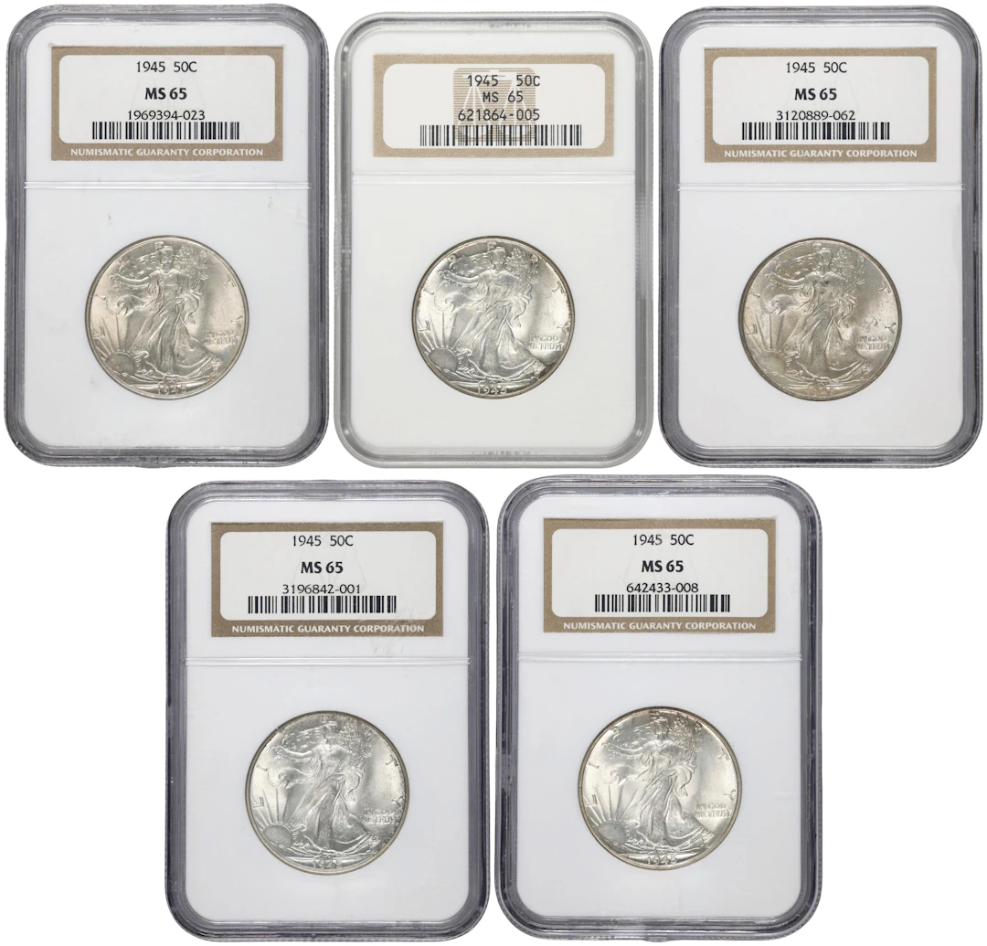 Lot of (5) 1945 Walking Liberty Half Dollars. MS-65 (NGC).
