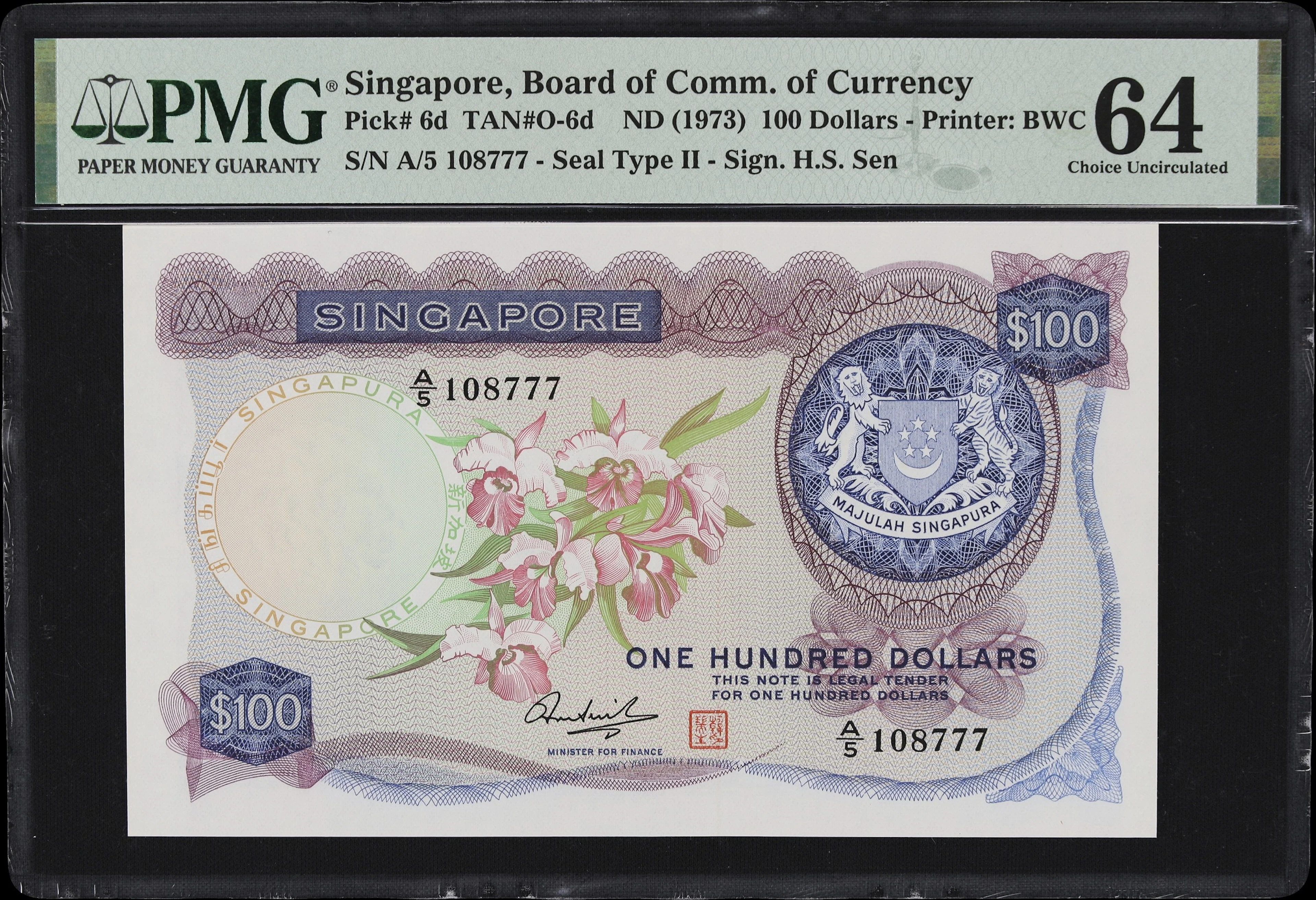 SINGAPORE. Board of Commissioners of Currency. 100 Dollars, ND (1973).
