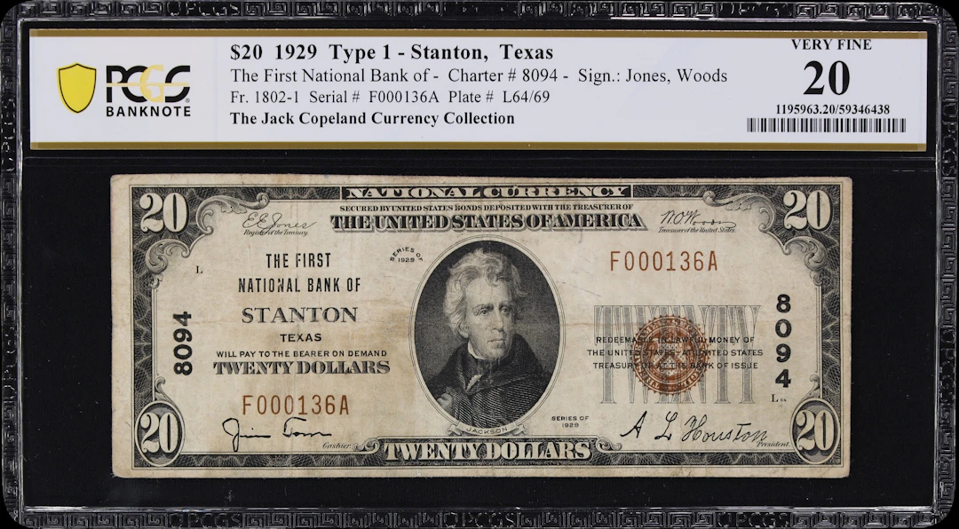Stanton, Texas. $20 1929 Ty. 1. Fr. 1802-1. First NB. Charter #8094.
