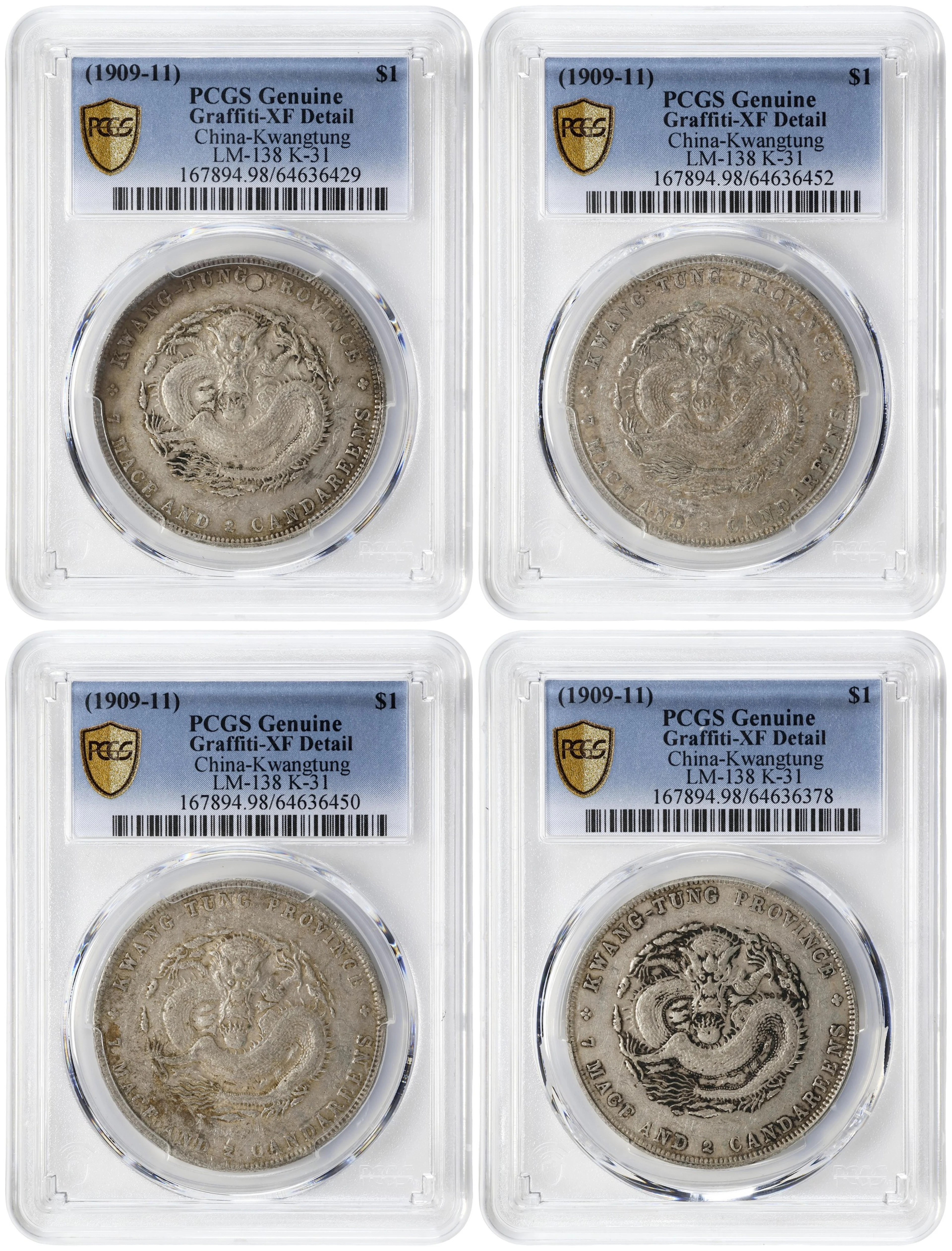 (t) CHINA. Kwangtung. Quartet of 7 Mace 2 Candareens (Dollar) (4 Pieces)