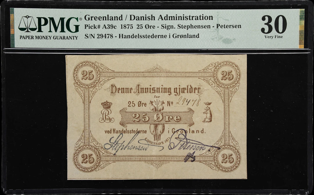 (◊) GREENLAND. Handelsstederne i Gronland. 25 Ore, 1875. P-A39c. Sieg