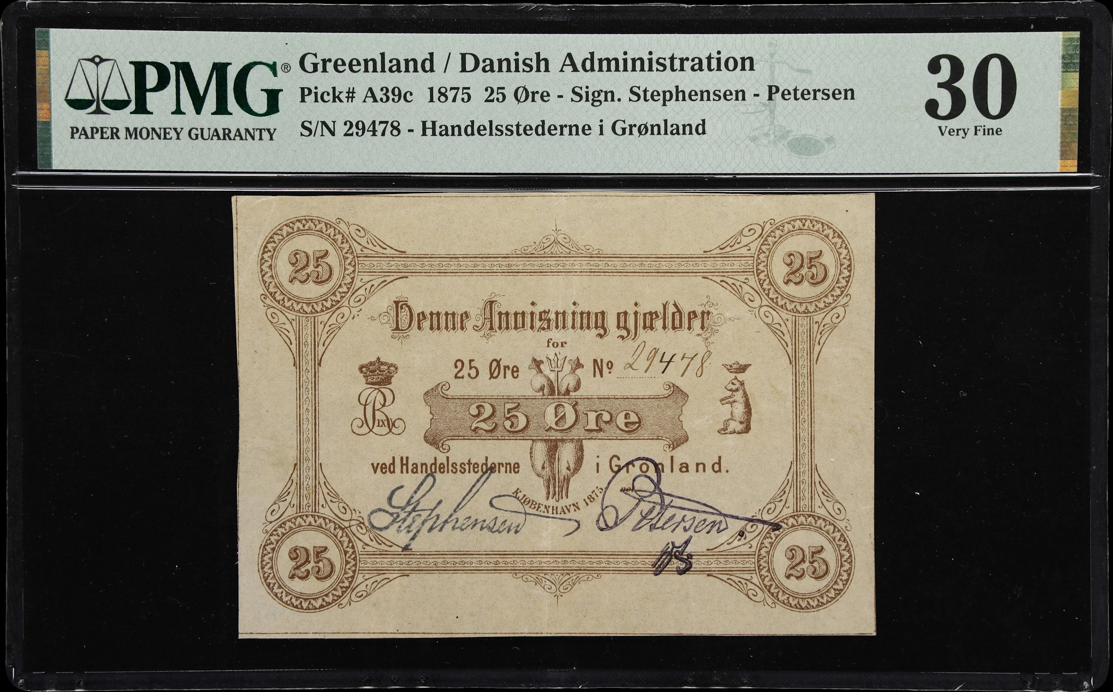 (◊) GREENLAND. Handelsstederne i Gronland. 25 Ore, 1875. P-A39c. Sieg