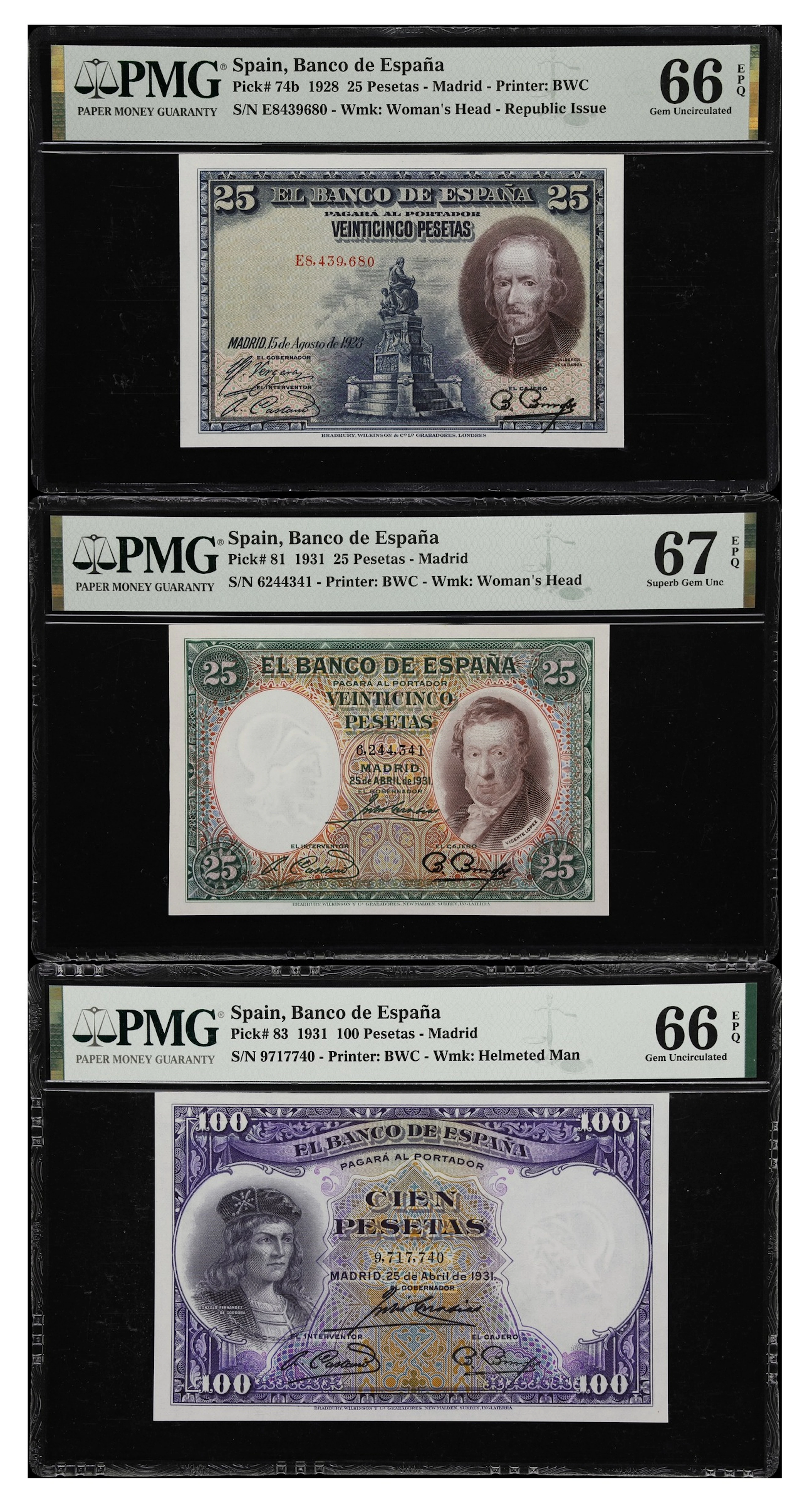 (◊) SPAIN. Lot of (3). Banco de Espana. 25 & 100 Pesetas, 1928-31.