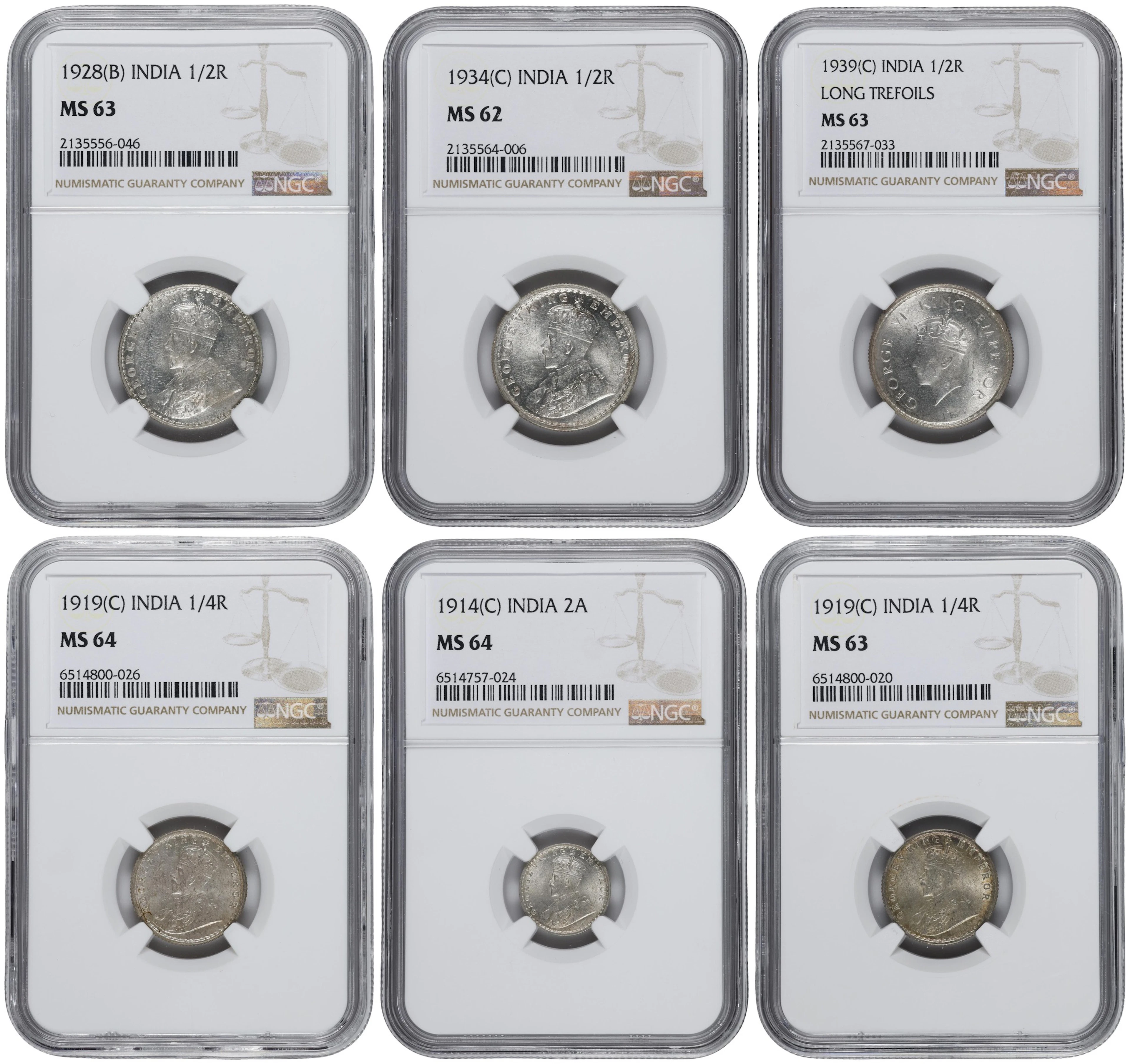 INDIA. Sextet of Silver Denominations (6 Pieces), 1914-39. All NGC Certified.