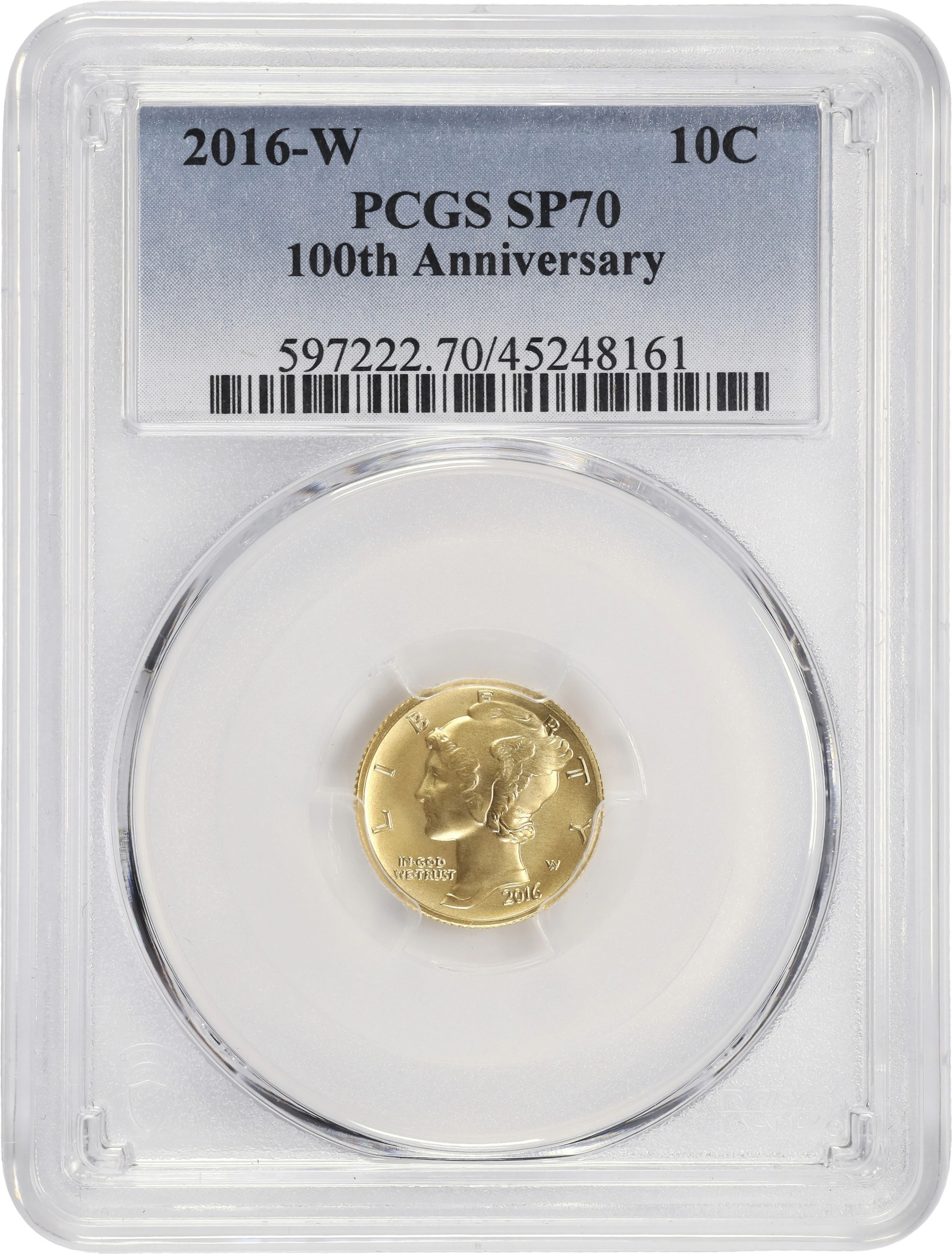 (0.1 oz, 3.11 g AGW). 2016-W Centennial Mercury Gold Dime. SP-70 (PCGS).
