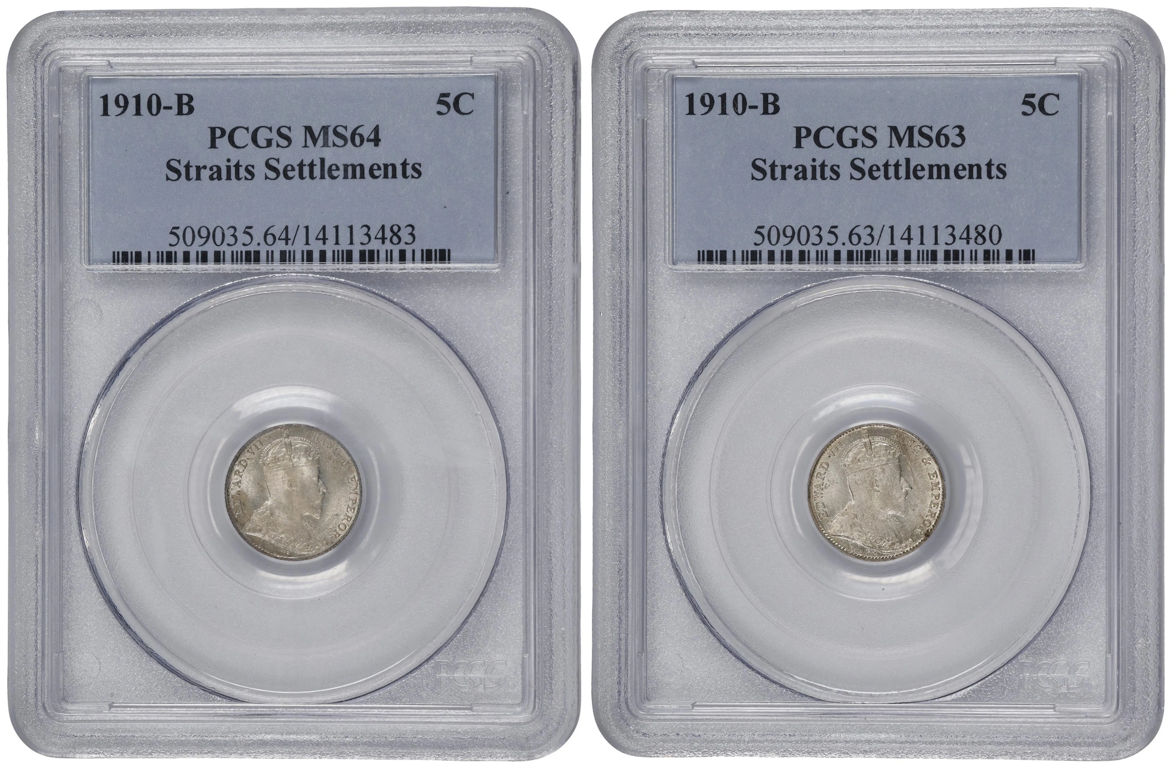 STRAITS SETTLEMENTS. Duo of 5 Cents (2 Pieces), 1910-B. Bombay Mint.