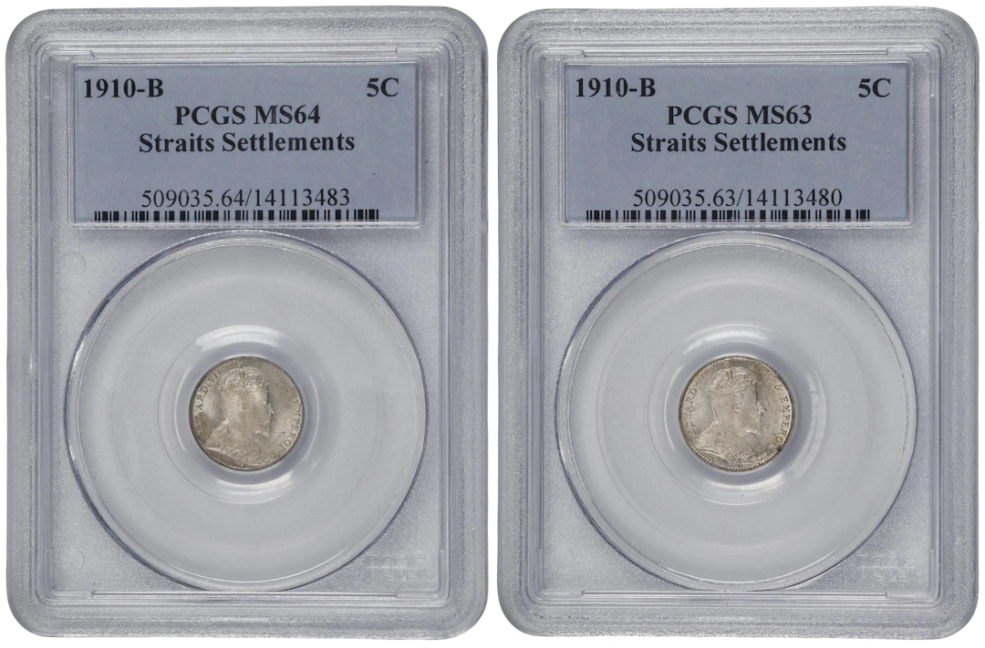 STRAITS SETTLEMENTS. Duo of 5 Cents (2 Pieces), 1910-B. Bombay Mint.