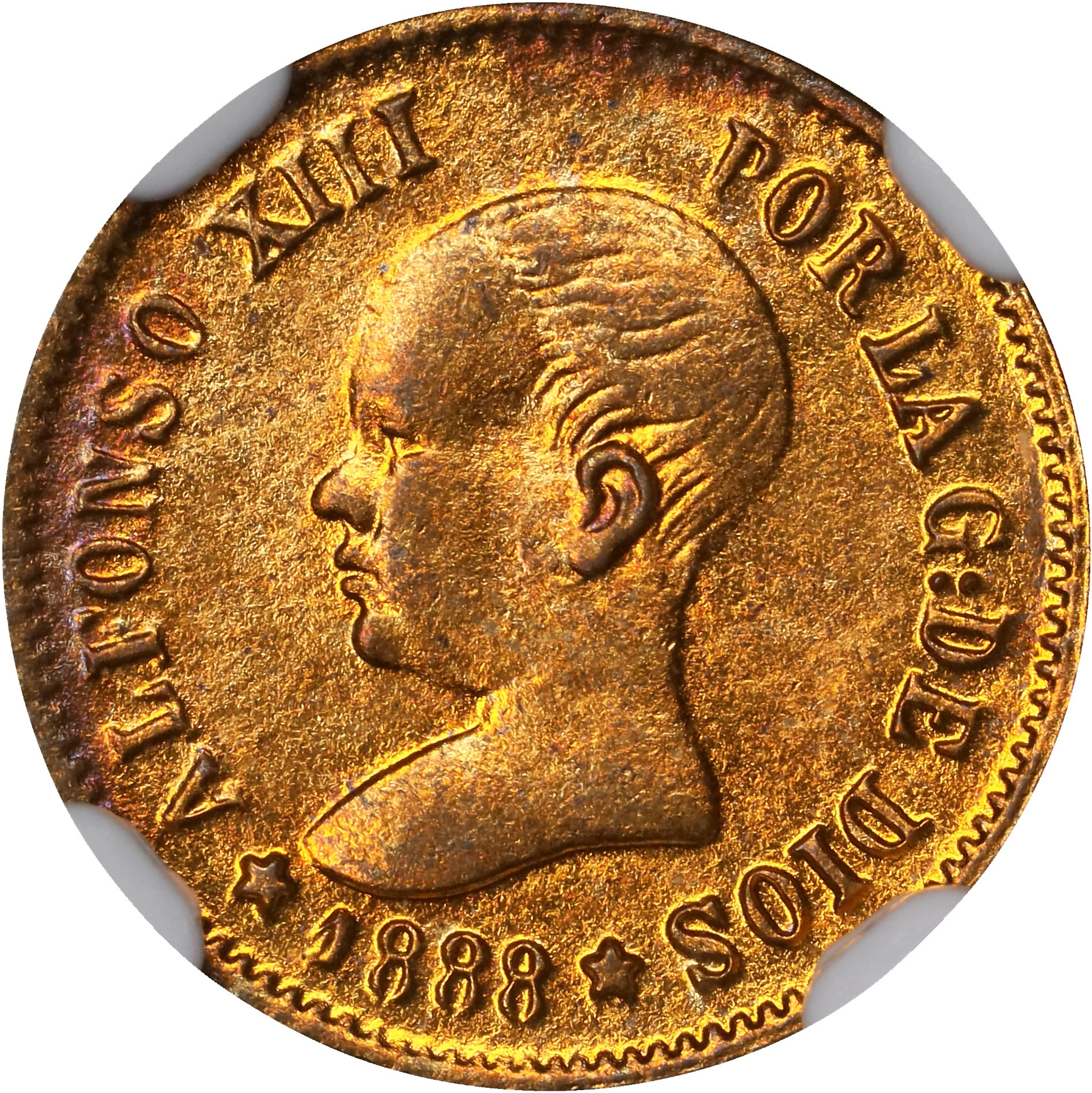 PHILIPPINES. 10 Pesetas Brass Jeton, 1888 (ca. 1910s)-M. NGC MS-64.