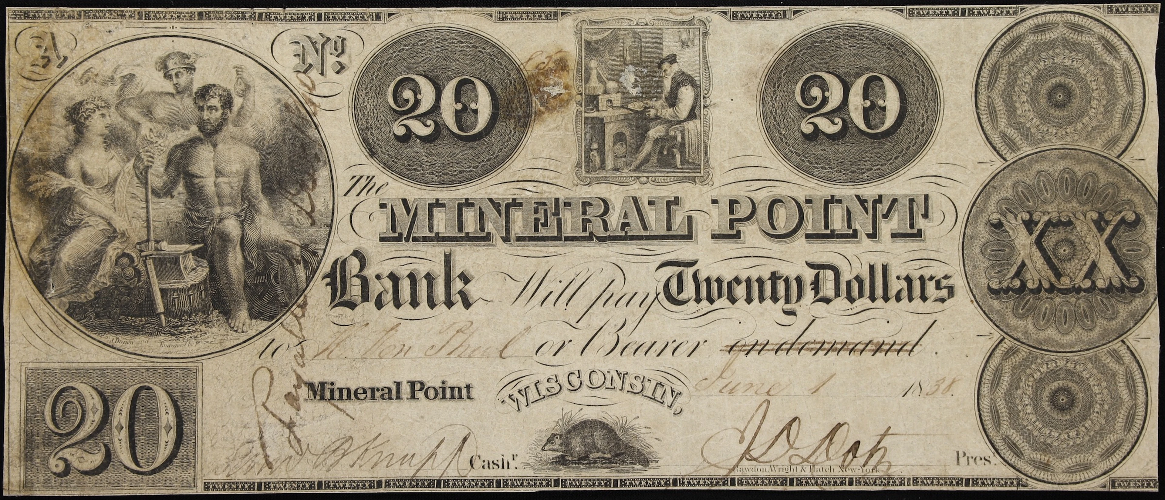 Mineral Point, Wisconsin Territory. Mineral Point Bank. 1838 $20.