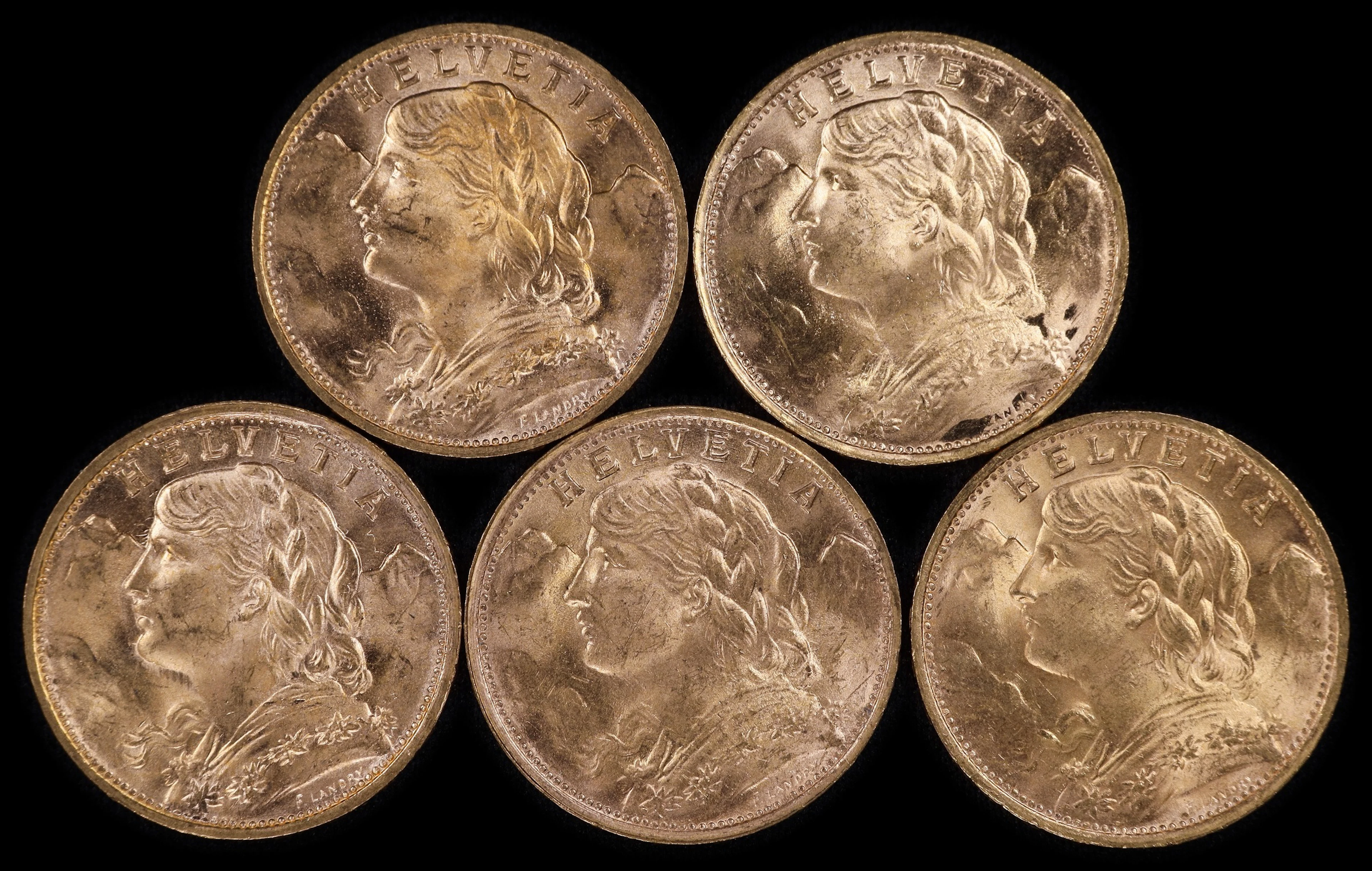 (0.935 oz, 29.082 g AGW). Switzerland. Lot of (5) Mixed Date Gold 20 Francs.