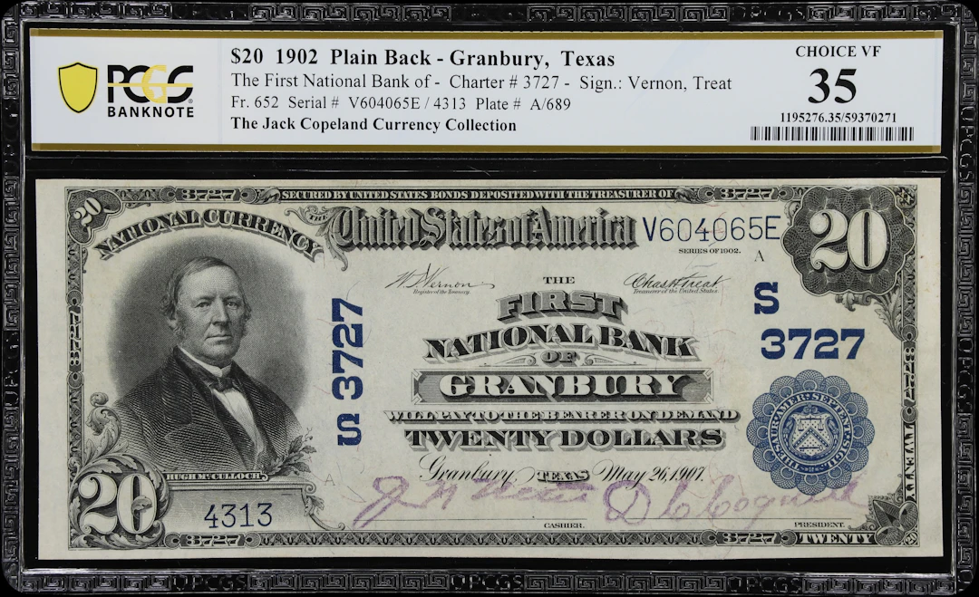 Granbury, Texas. $20 1902 Plain Back. Fr. 652. First NB. Charter #3727.