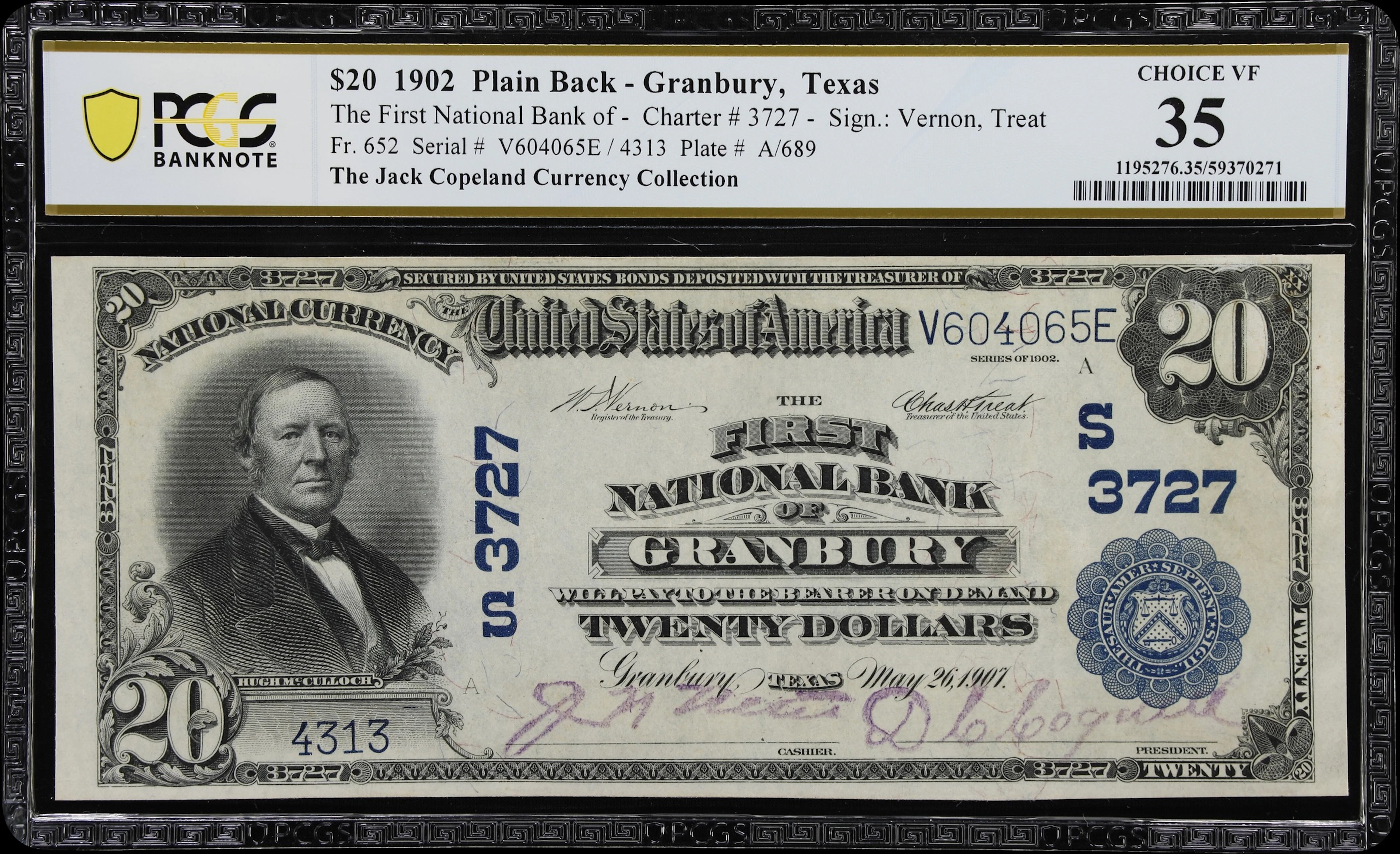 Granbury, Texas. $20 1902 Plain Back. Fr. 652. First NB. Charter #3727.