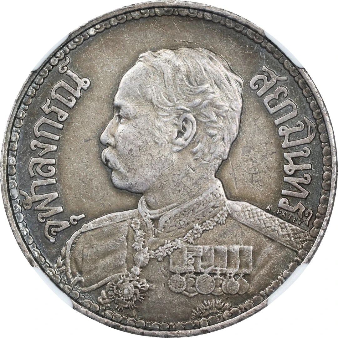 THAILAND. Baht, RS 127 (1908). Paris Mint. Rama V. NGC AU Details--Cleaned.