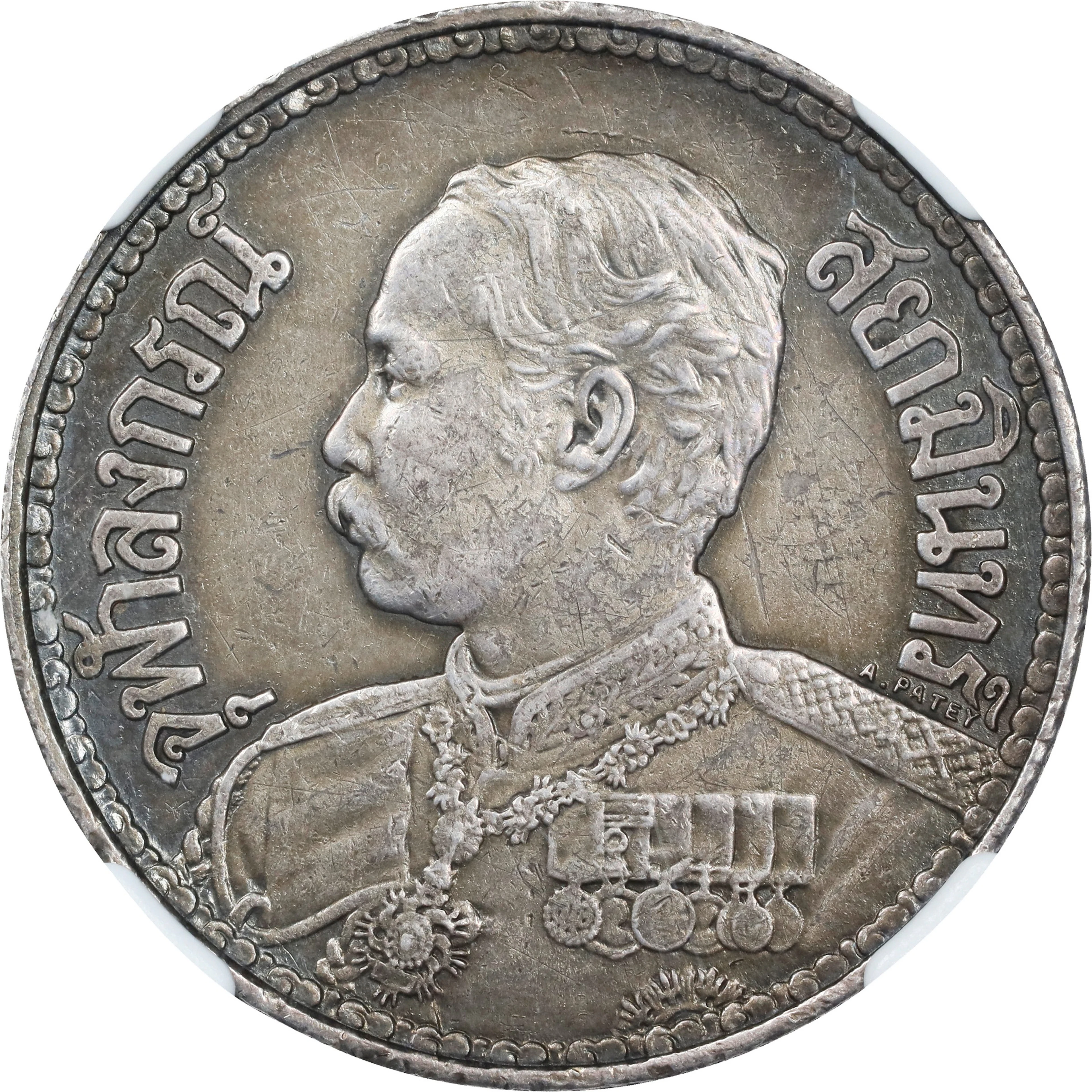 THAILAND. Baht, RS 127 (1908). Paris Mint. Rama V. NGC AU Details--Cleaned.