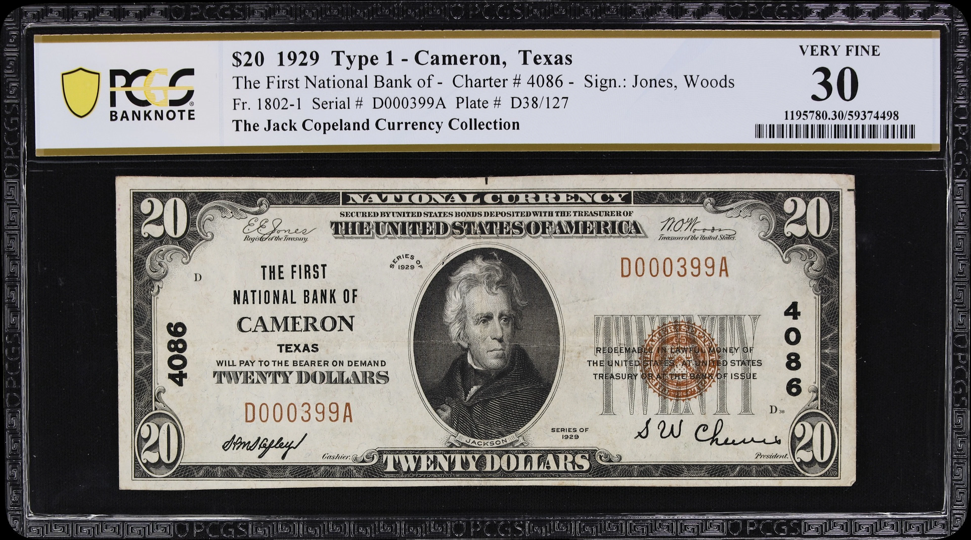 Cameron, Texas. $20 1929 Ty. 1. Fr. 1802-1. First NB. Charter #4086.