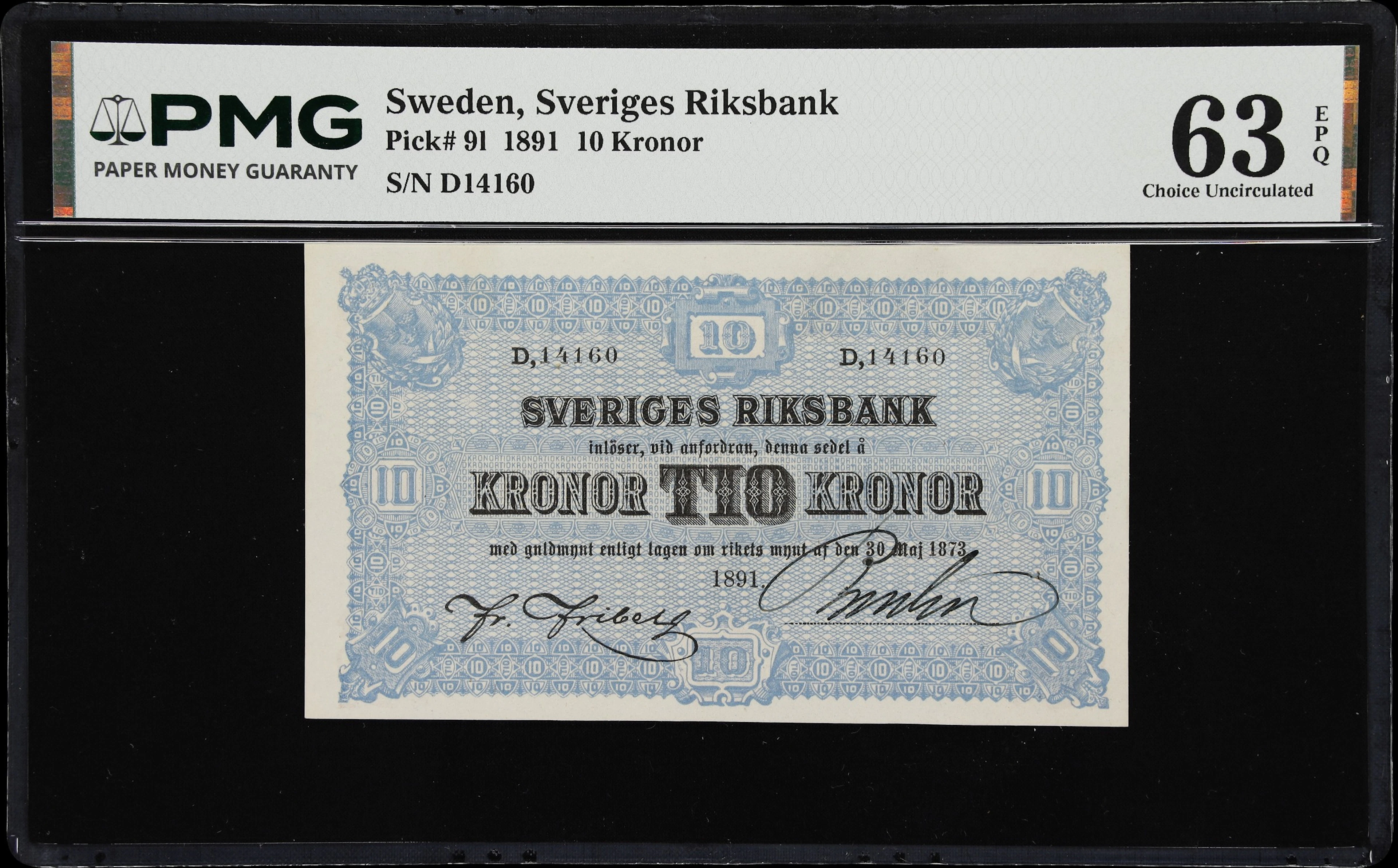 (◊) SWEDEN. Sveriges Riksbank. 10 Kronor, 1891. P-9l. PMG Choice Uncirculated