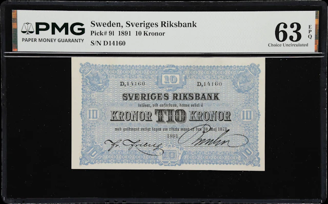 (◊) SWEDEN. Sveriges Riksbank. 10 Kronor, 1891. P-9l. PMG Choice Uncirculated