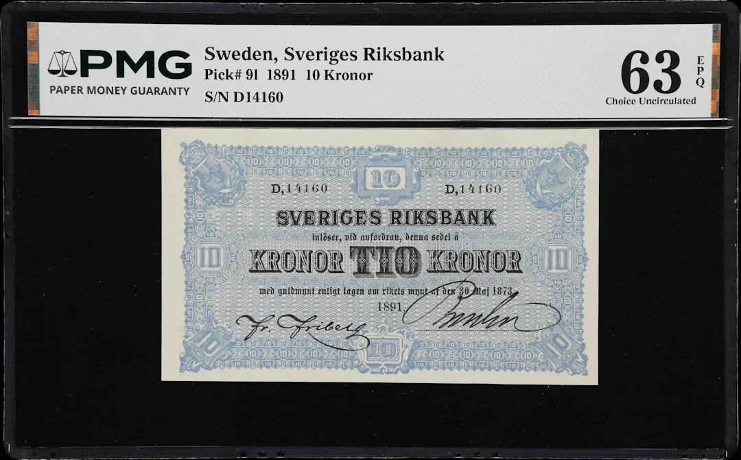 (◊) SWEDEN. Sveriges Riksbank. 10 Kronor, 1891. P-9l. PMG Choice Uncirculated
