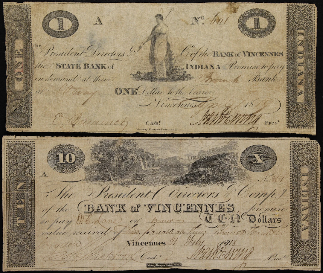 Lot of (2) Vincennes, Indiana. Bank of Vincennes. 1818-19 $1 & $10.