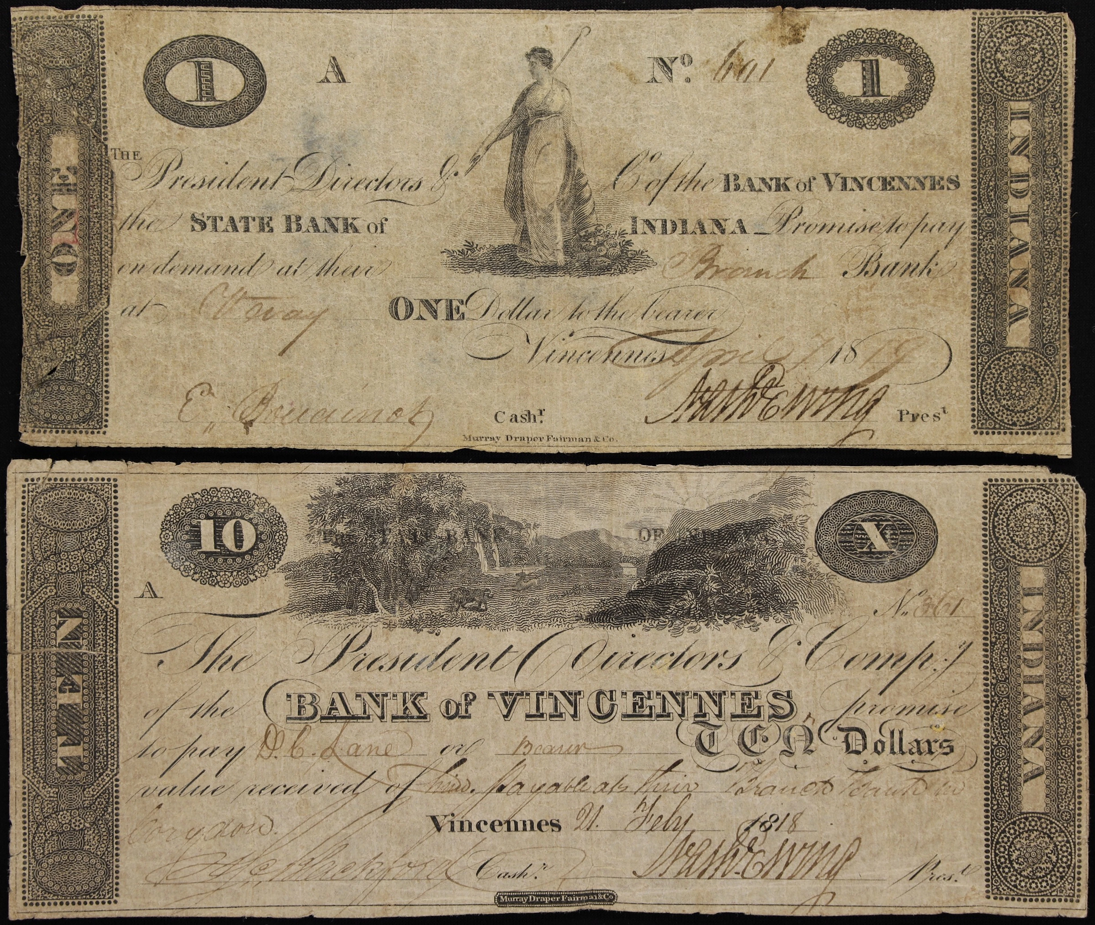 Lot of (2) Vincennes, Indiana. Bank of Vincennes. 1818-19 $1 & $10.