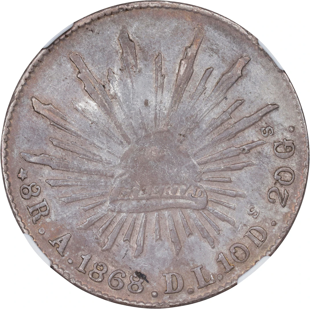 MEXICO. 8 Reales, 1868-A DL. Alamos Mint. NGC AU-55.
