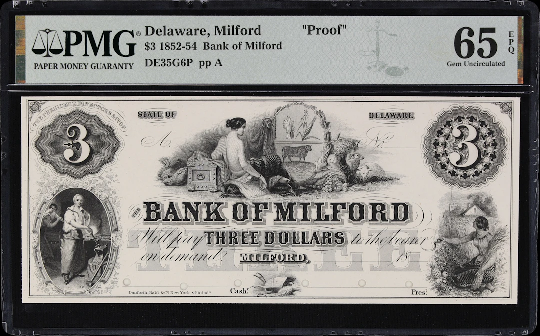 Milford, Delaware. Bank of Milford. 18xx $3. PMG Gem Uncirculated