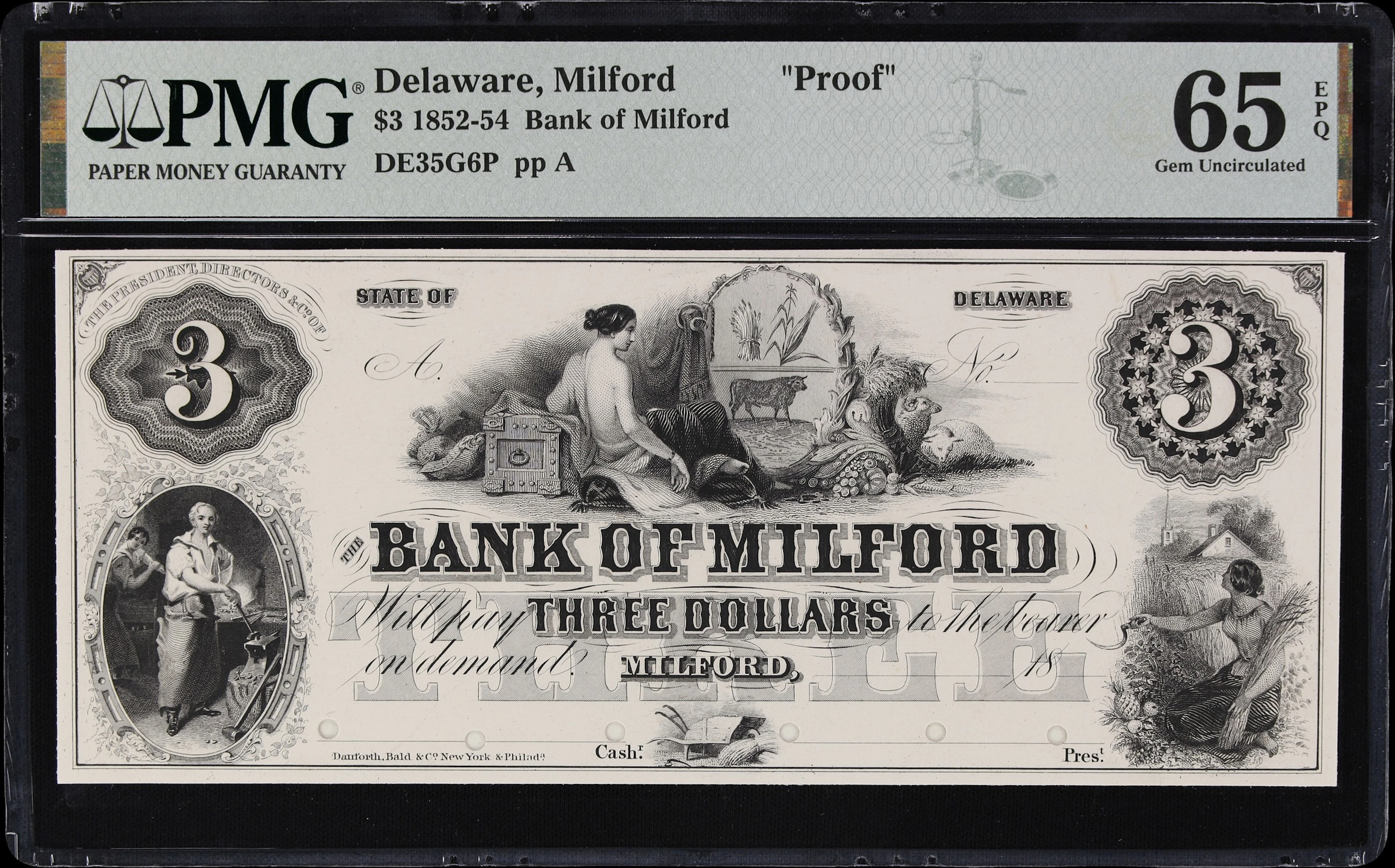 Milford, Delaware. Bank of Milford. 18xx $3. PMG Gem Uncirculated