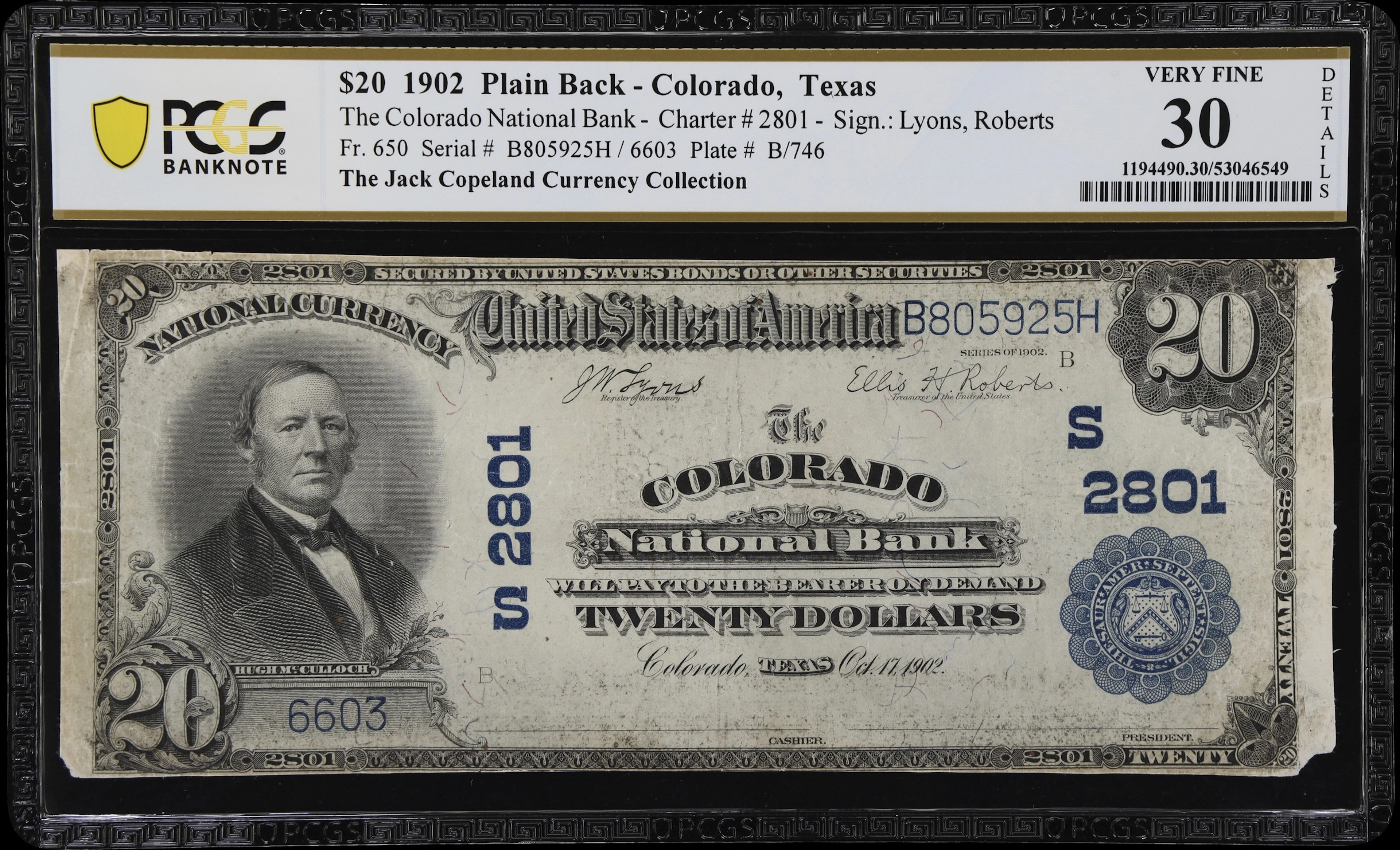 Colorado, Texas. $20 1902 Plain Back. Fr. 650. Colorado NB. Charter