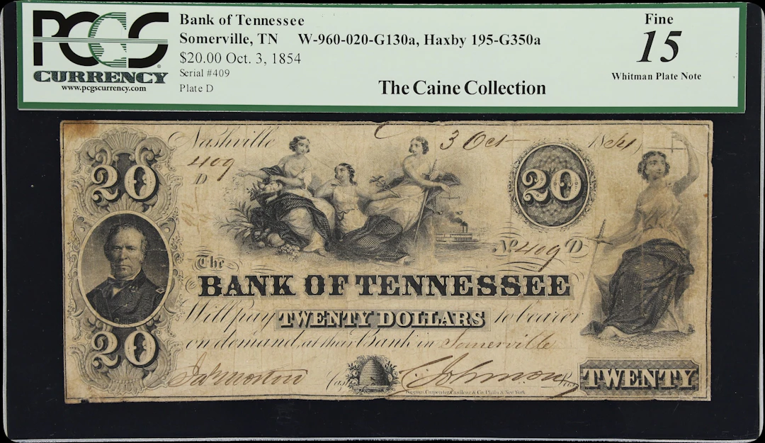 Somerville, Tennessee. Bank of Tennessee. 1854 $20. PCGS Currency Fine 15.