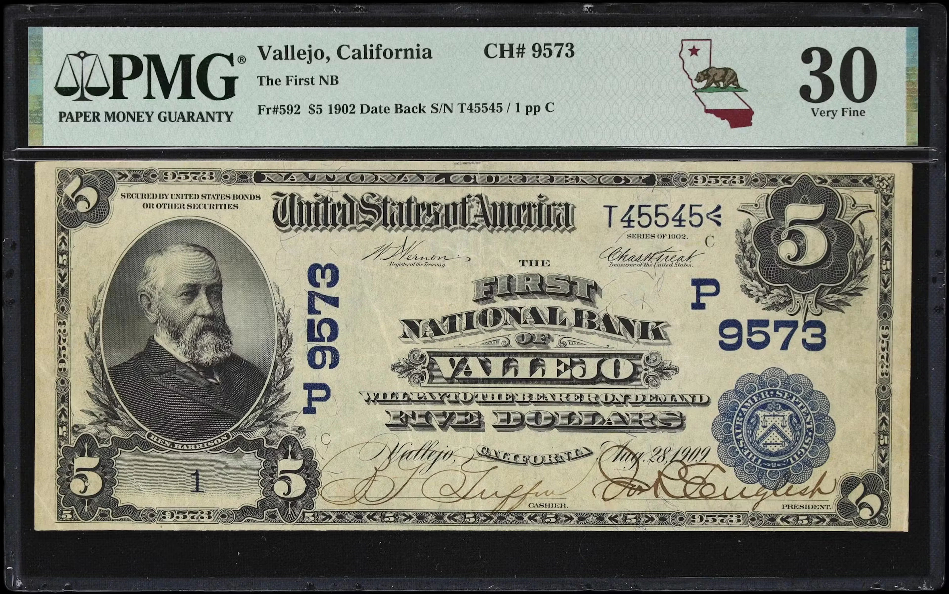Vallejo, California. $5 1902 Date Back. Fr. 592. First NB. Charter