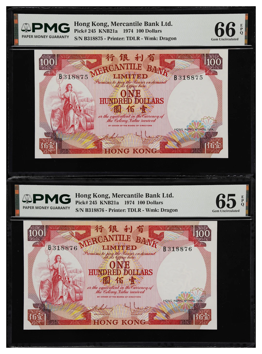 HONG KONG (SAR). Lot of (2). Mercantile Bank Limited. 100 Dollars