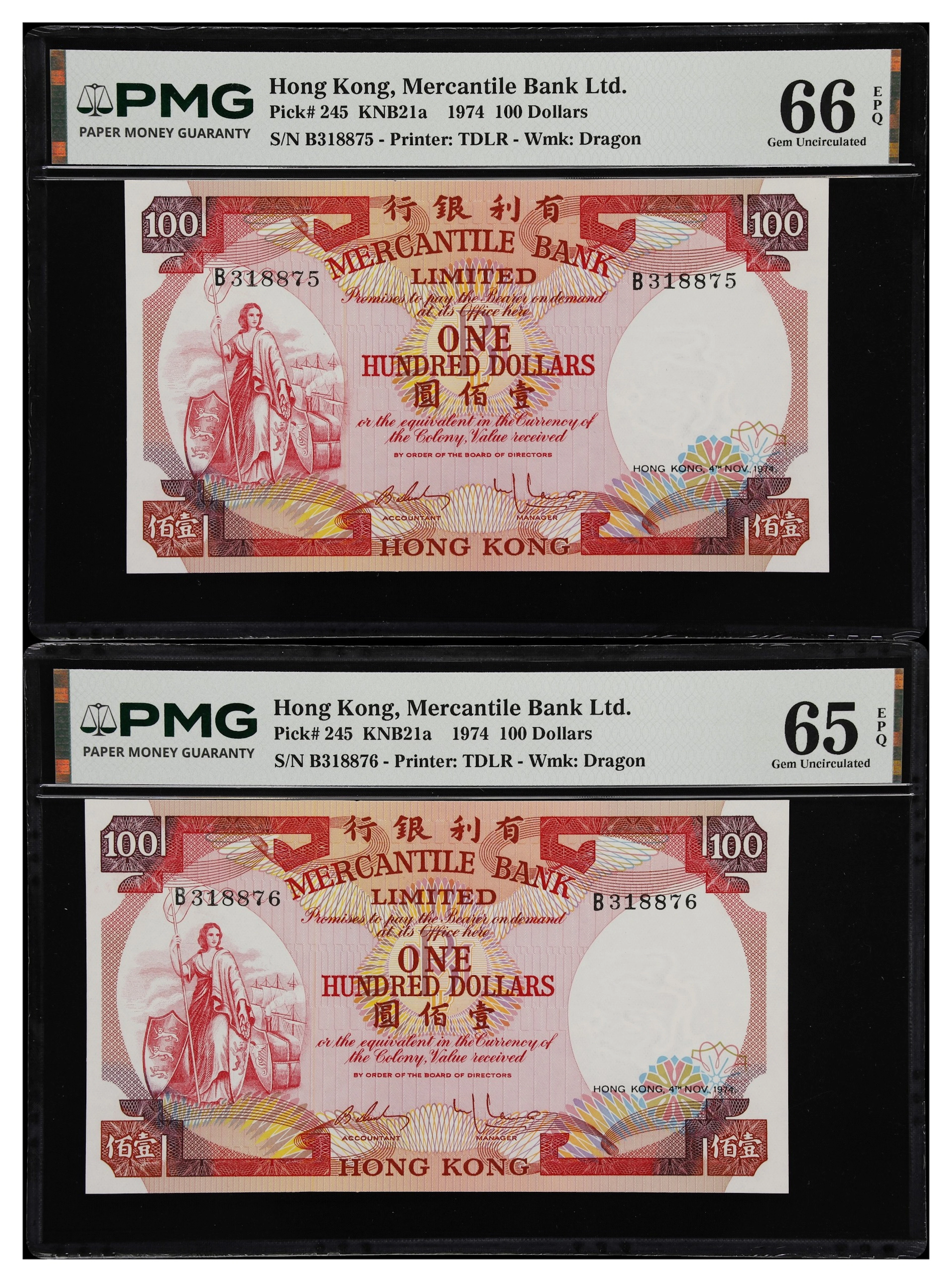HONG KONG (SAR). Lot of (2). Mercantile Bank Limited. 100 Dollars