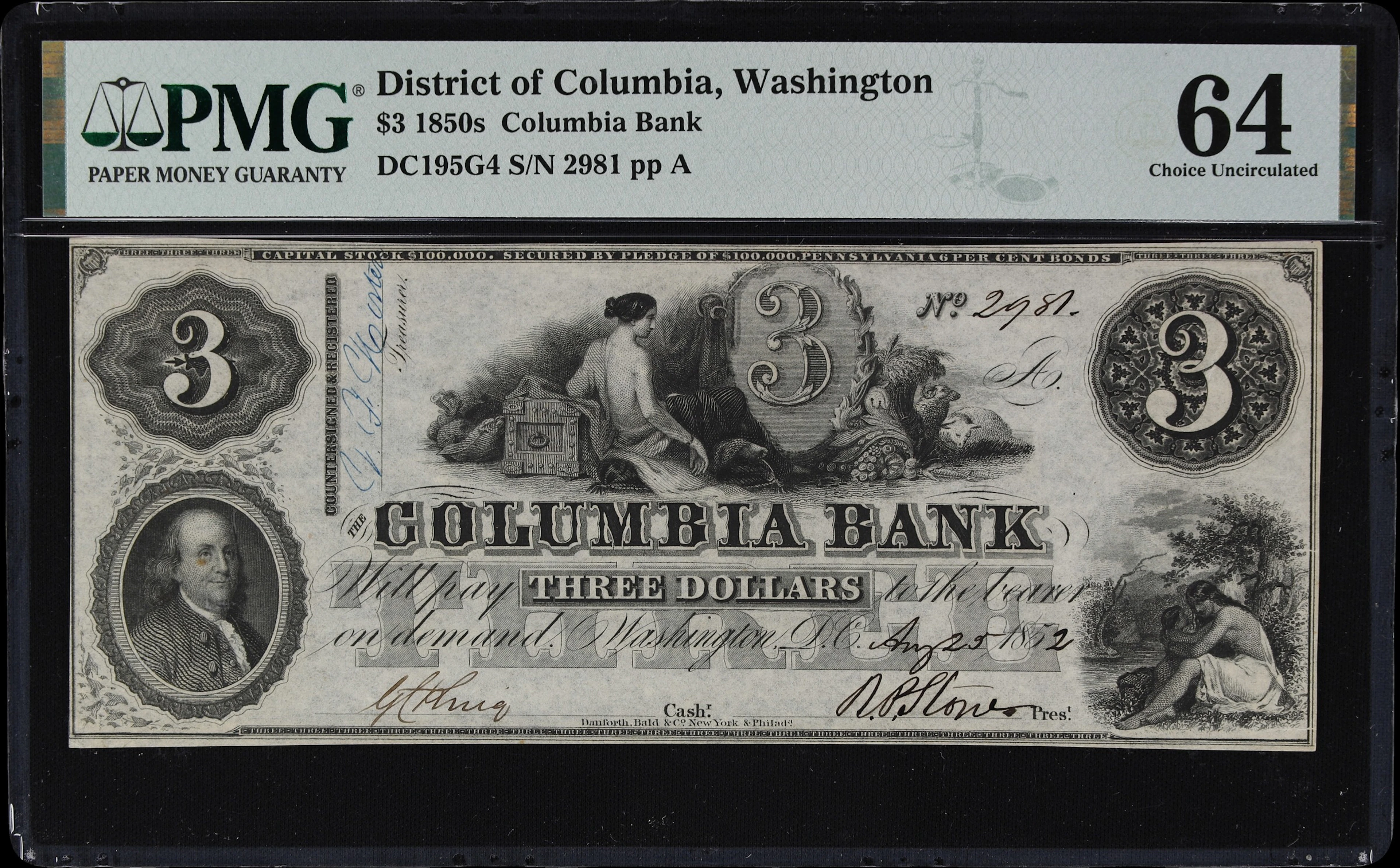 Washington, District of Columbia. Columbia Bank. 1852 $3. PMG Choice