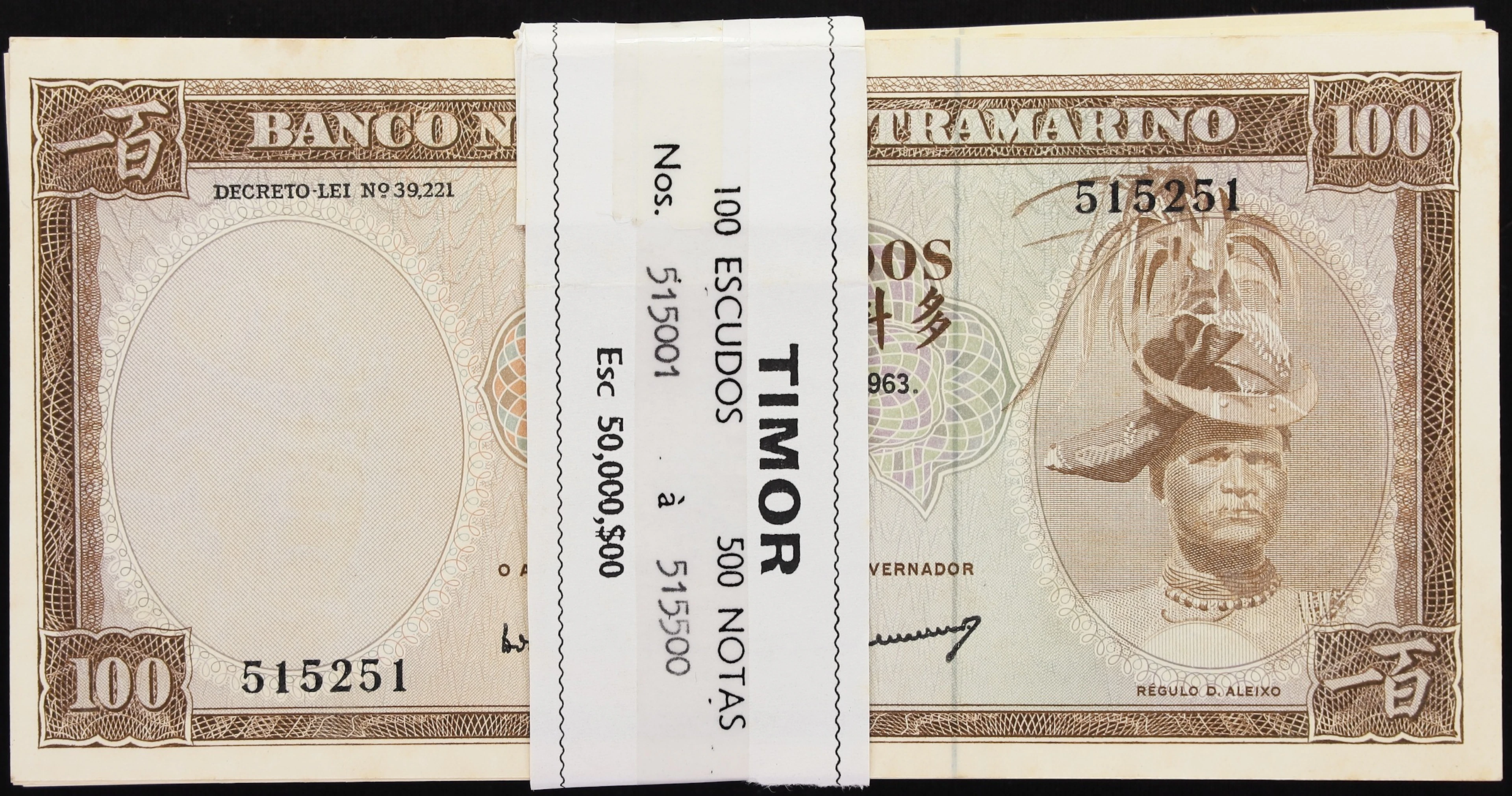 TIMOR. Lot of (250). Banco Nacional Ultramarino. 100 Escudos, 25.4.1963.