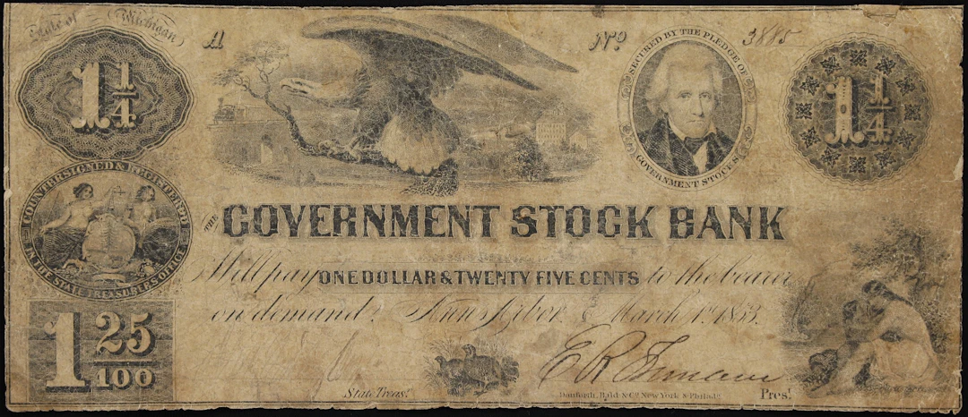 Ann Arbor, Michigan. Government Stock Bank. 1853 $1.25. Very Good.