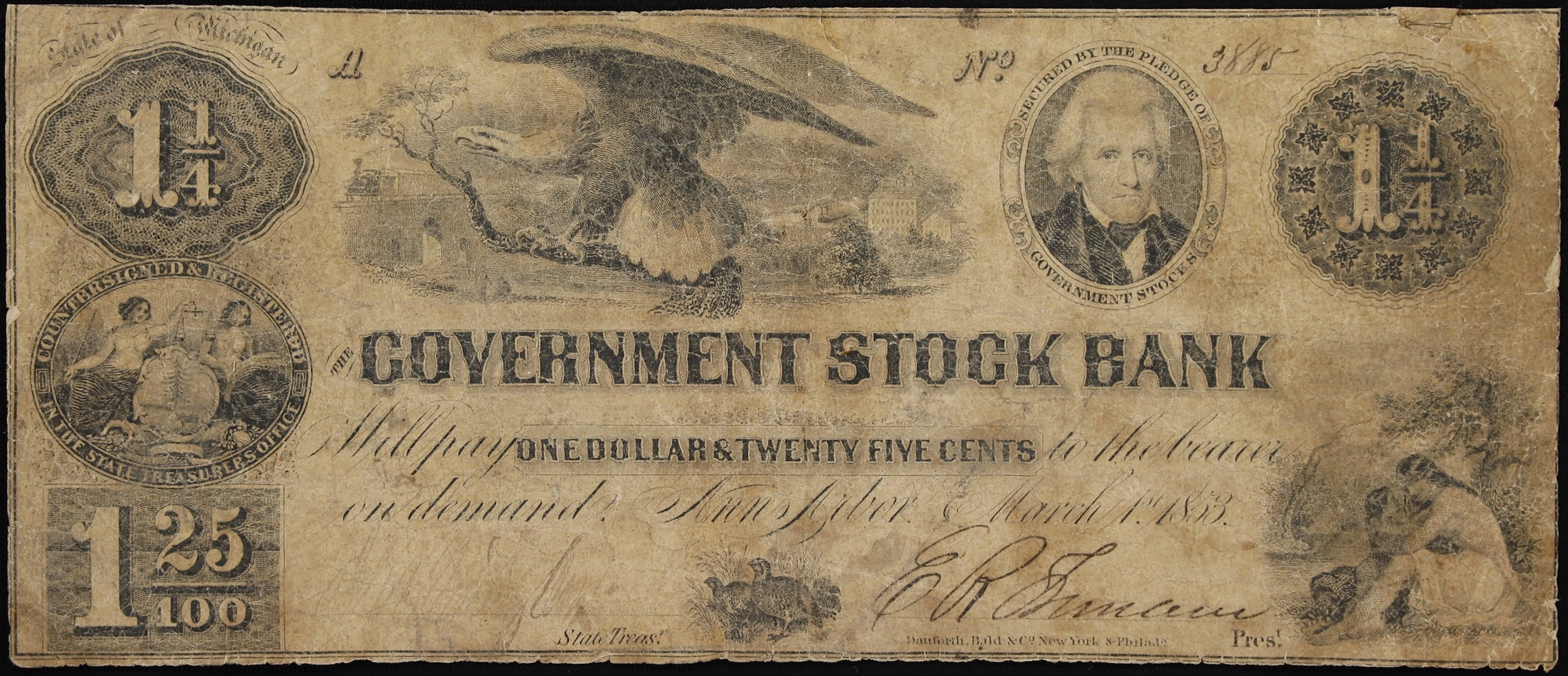 Ann Arbor, Michigan. Government Stock Bank. 1853 $1.25. Very Good.