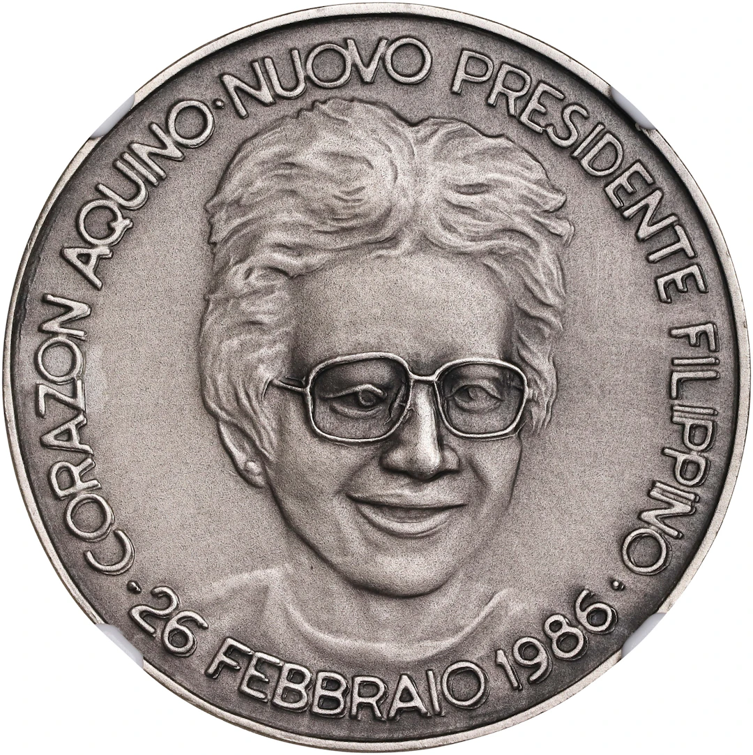 PHILIPPINES. New President Corazon Aquino Silver Medal, 1986. NGC MS-68.